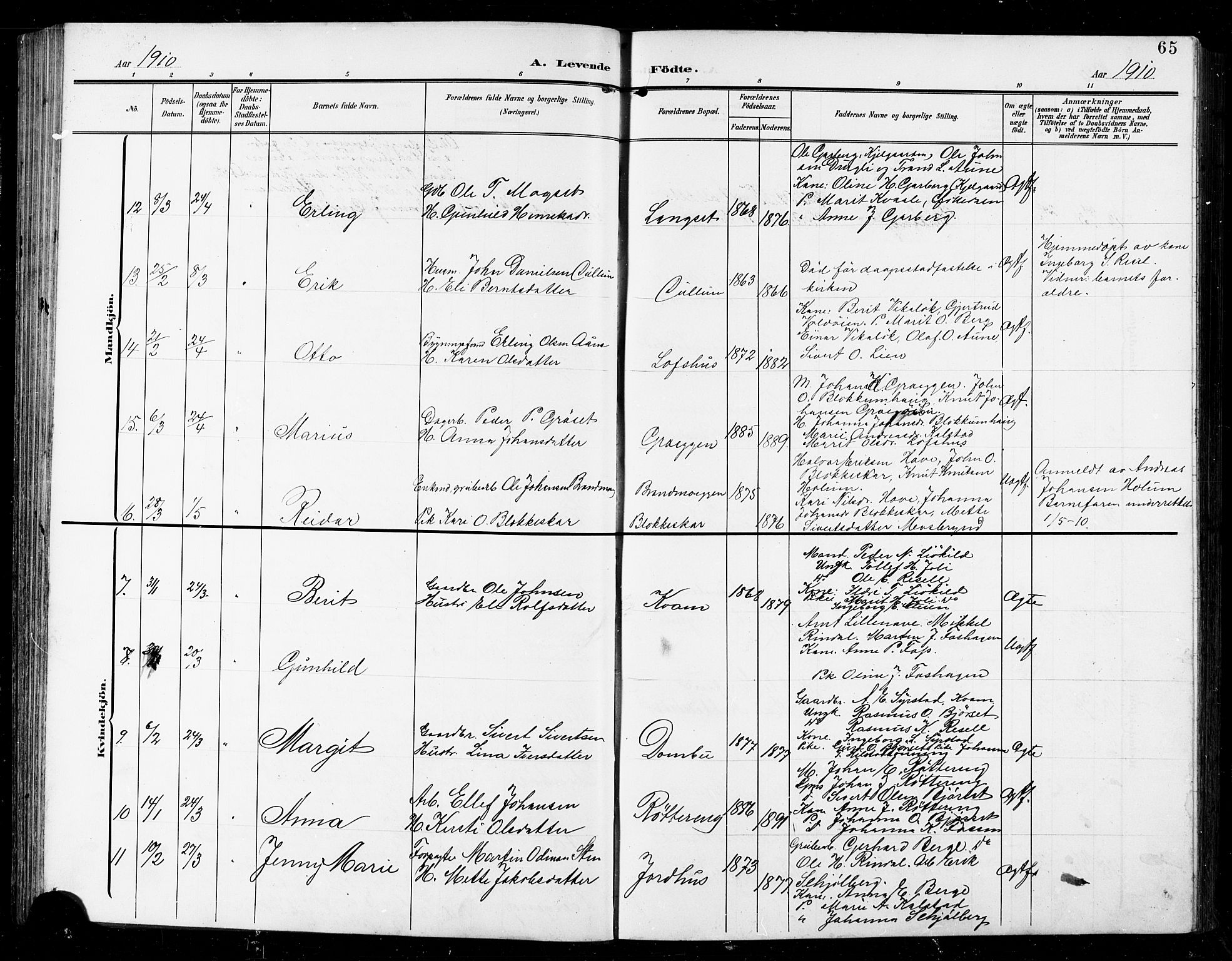 Ministerialprotokoller, klokkerbøker og fødselsregistre - Sør-Trøndelag, AV/SAT-A-1456/672/L0864: Klokkerbok nr. 672C03, 1902-1914, s. 65