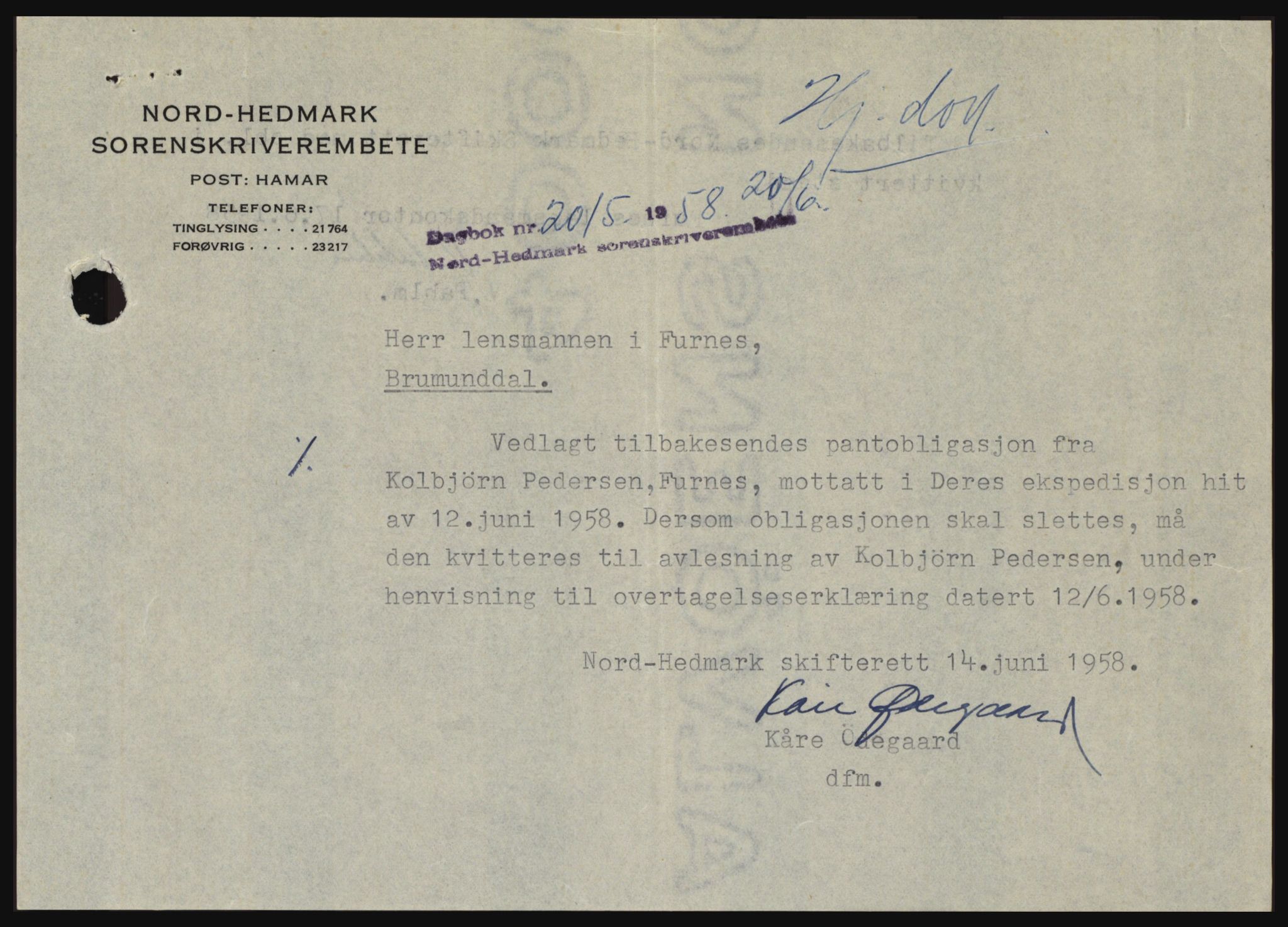 Nord-Hedmark sorenskriveri, SAH/TING-012/H/Hc/L0012: Pantebok nr. 12, 1957-1958, Dagboknr: 2015/1958