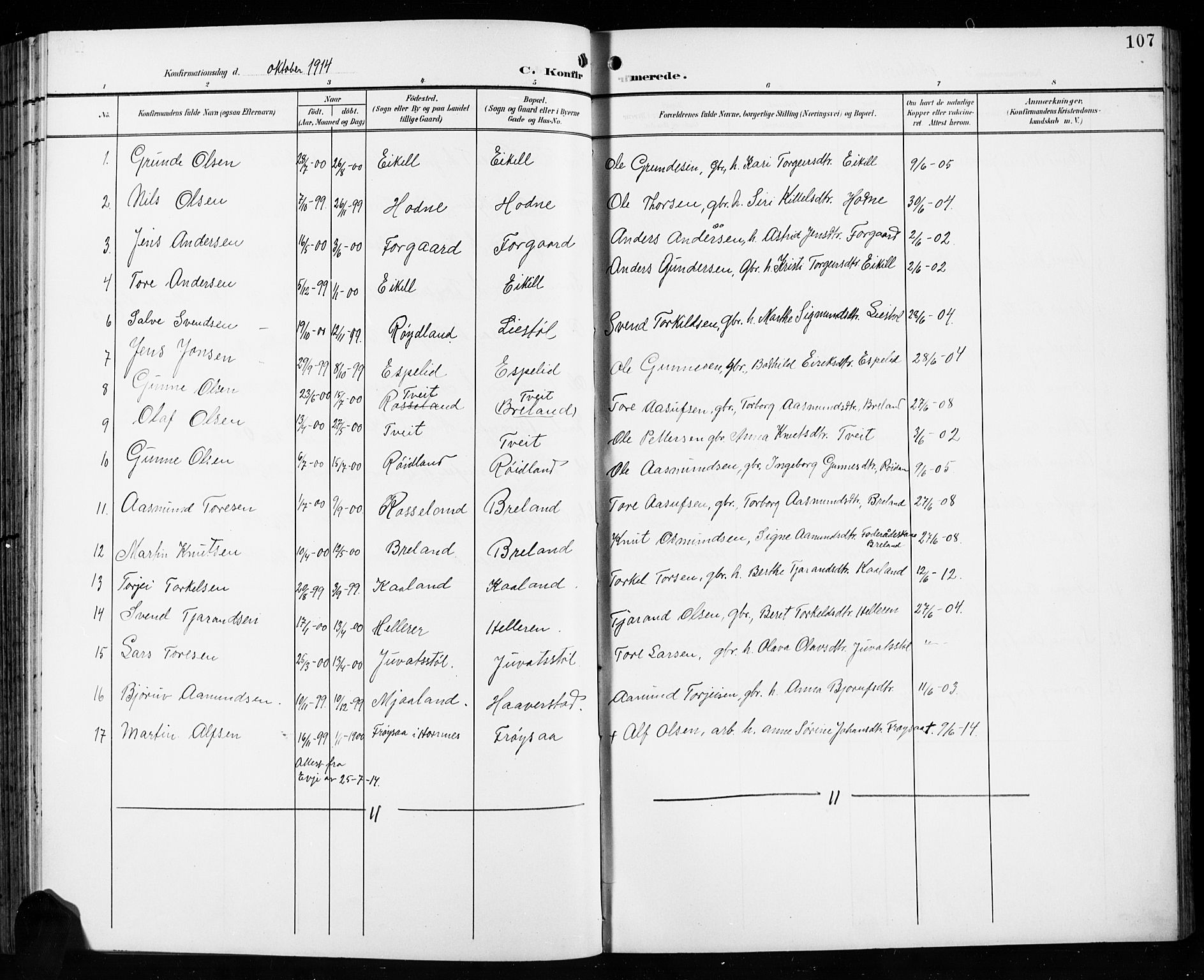 Åseral sokneprestkontor, AV/SAK-1111-0051/F/Fb/L0003: Klokkerbok nr. B 3, 1900-1919, s. 107