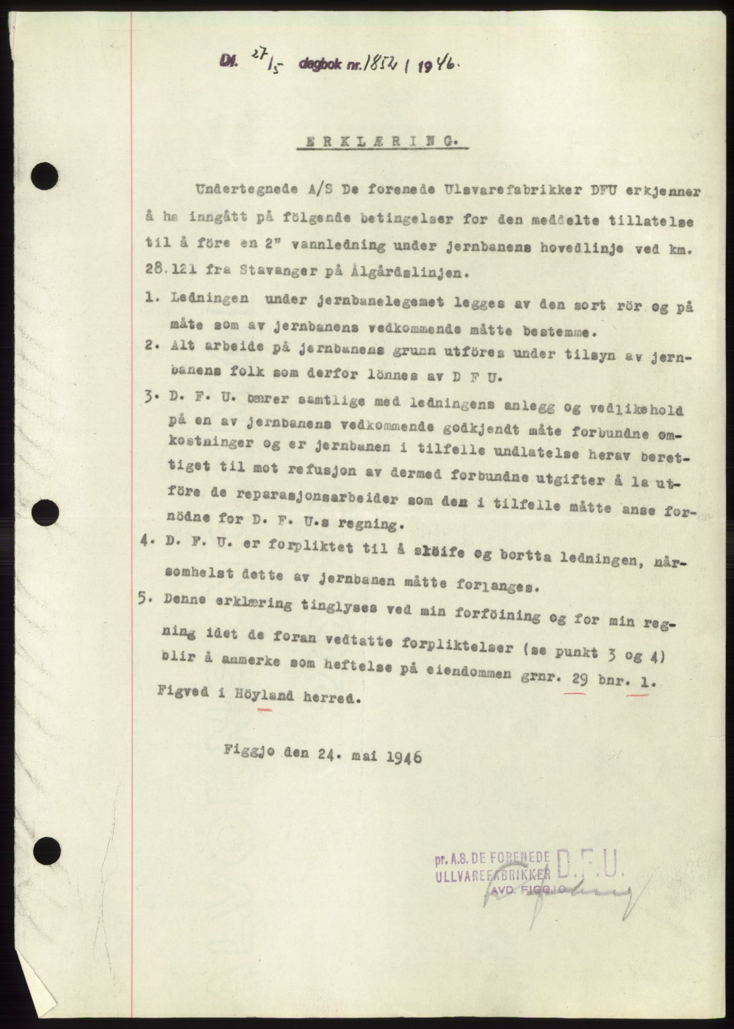 Jæren sorenskriveri, SAST/A-100310/03/G/Gba/L0090: Pantebok, 1946-1946, Dagboknr: 1852/1946