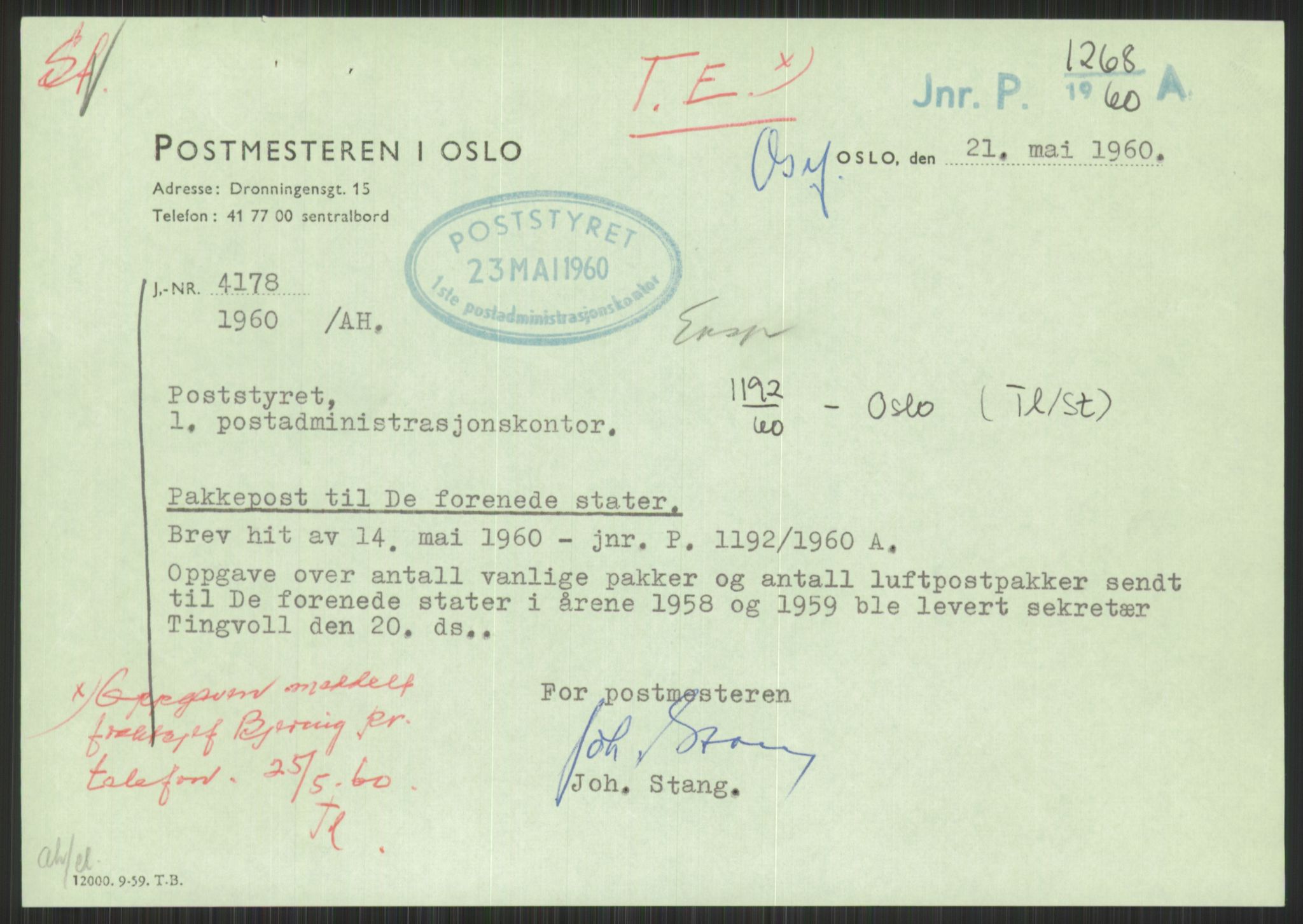 Postdirektoratet, Administrasjonsservice (TSA), AV/RA-S-4783/D/L0095/0002: De forskjellige tjenestegrener / Luftpakkepost, 1947-1965, s. 199