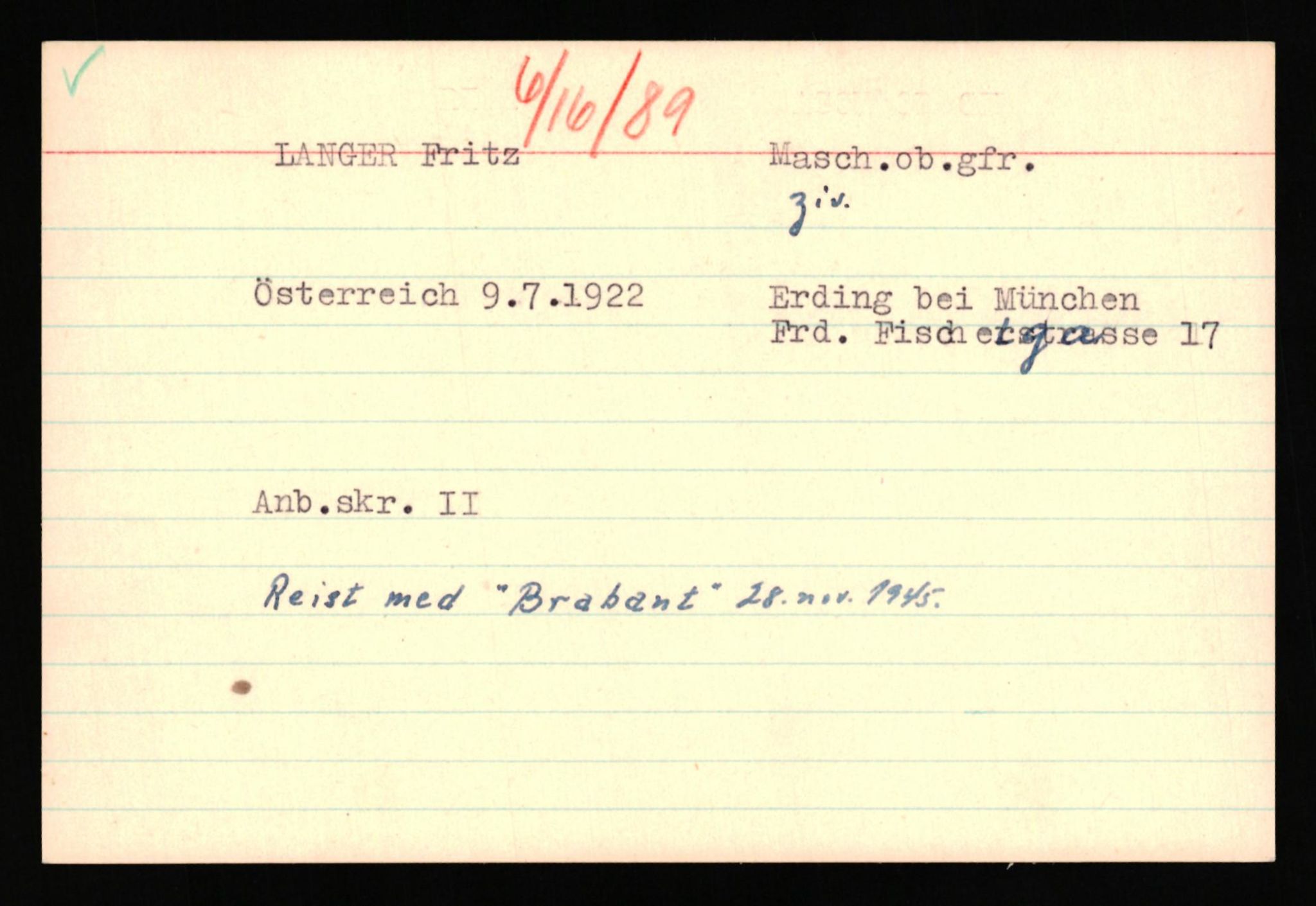 Forsvaret, Forsvarets overkommando II, AV/RA-RAFA-3915/D/Db/L0039: CI Questionaires. Tyske okkupasjonsstyrker i Norge. Østerrikere., 1945-1946, s. 241