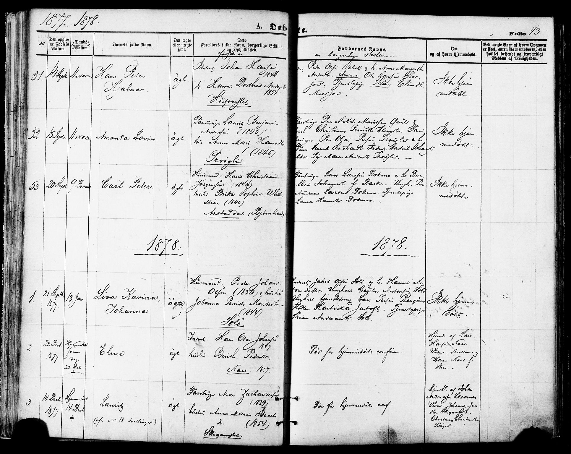 Ministerialprotokoller, klokkerbøker og fødselsregistre - Nordland, SAT/A-1459/846/L0645: Ministerialbok nr. 846A03, 1872-1886, s. 43