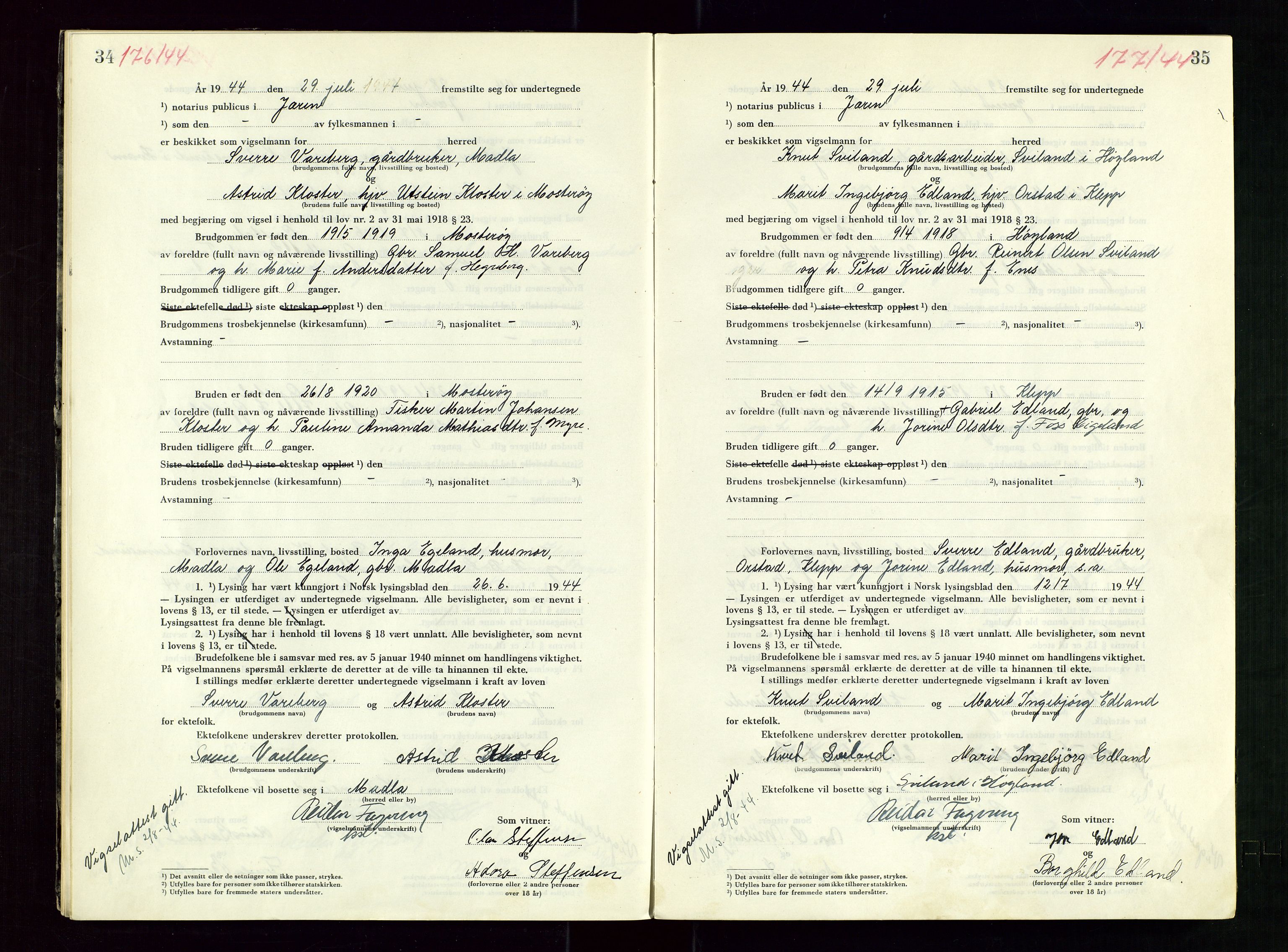 Jæren sorenskriveri, AV/SAST-A-100310/01/6/62/62BA/L0007: VIGSELSPROTOKOLL, 1944, s. 34-35