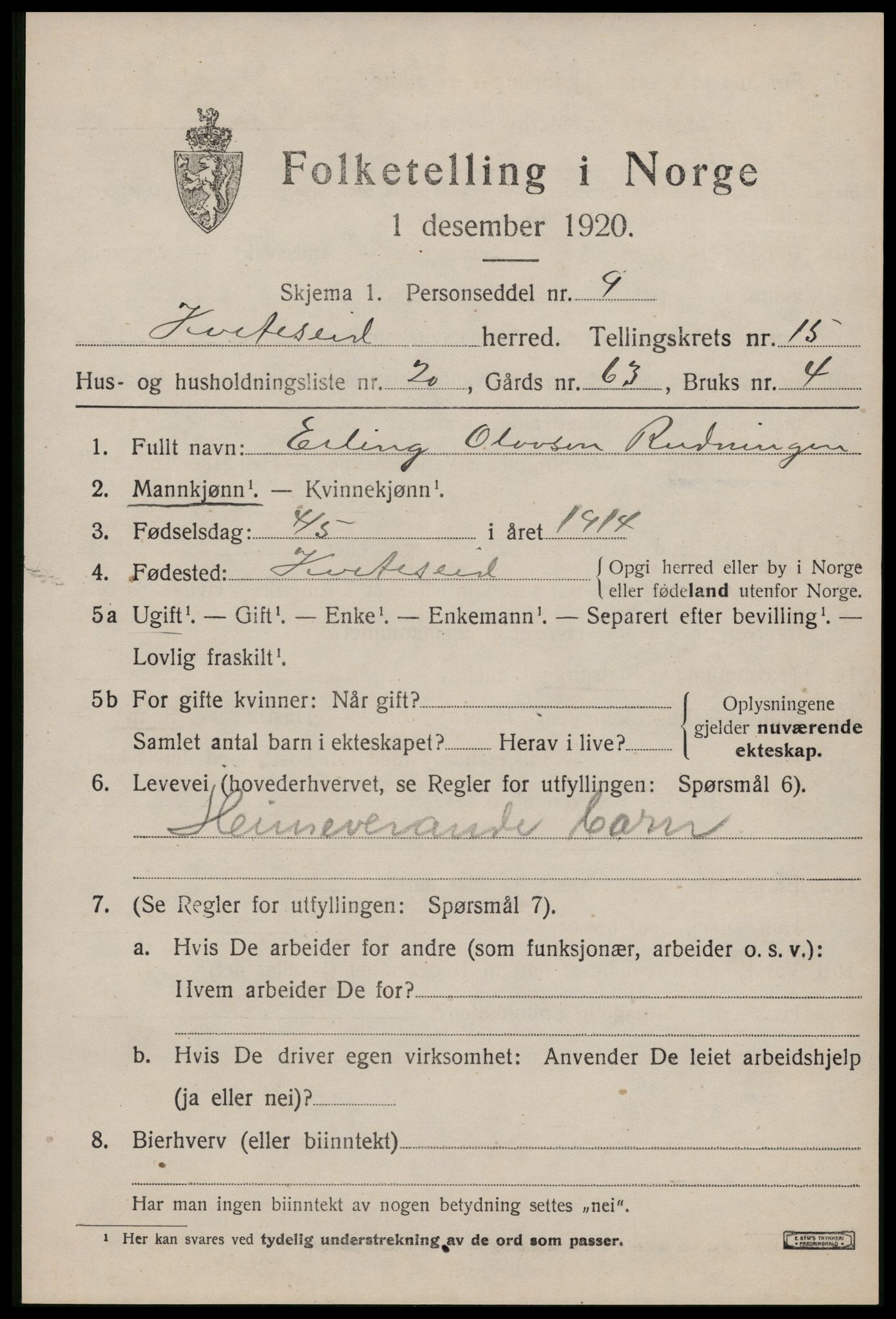 SAKO, Folketelling 1920 for 0829 Kviteseid herred, 1920, s. 7209