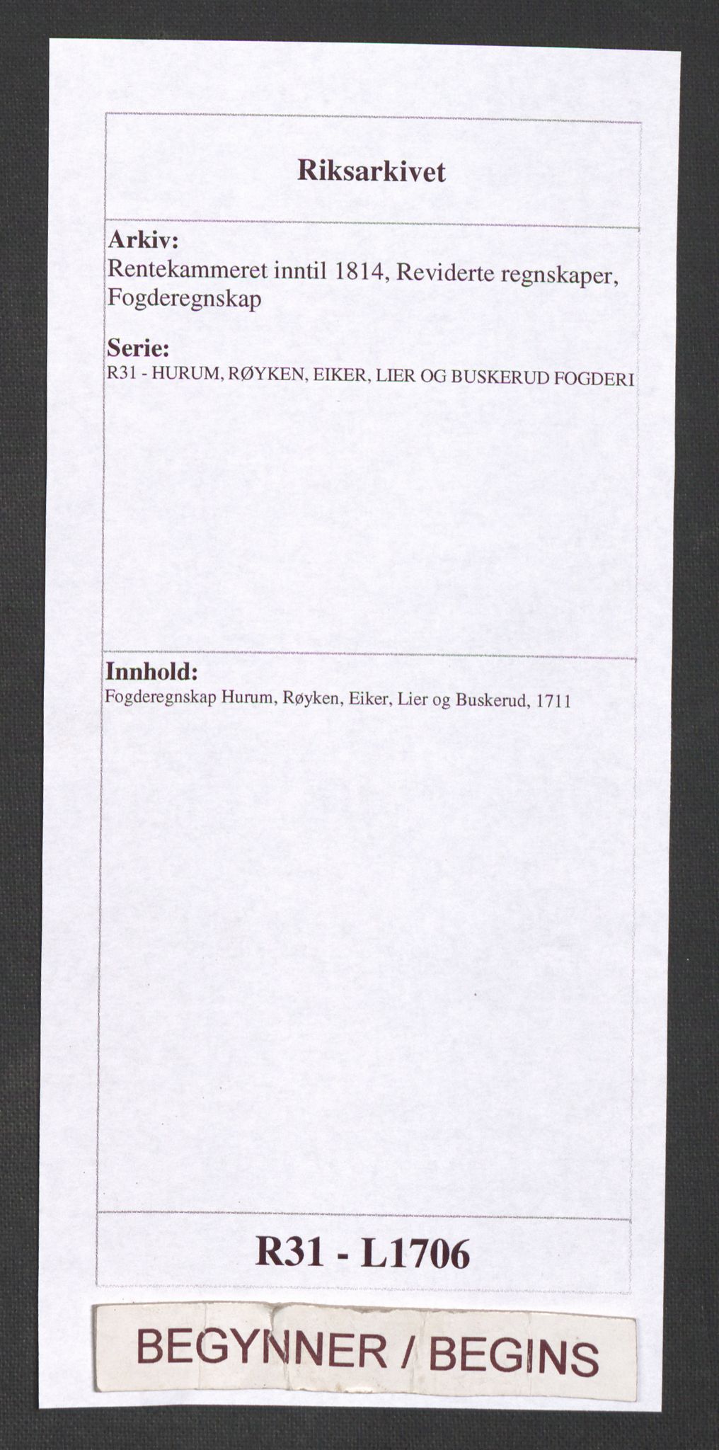 Rentekammeret inntil 1814, Reviderte regnskaper, Fogderegnskap, RA/EA-4092/R31/L1706: Fogderegnskap Hurum, Røyken, Eiker, Lier og Buskerud, 1711, s. 1