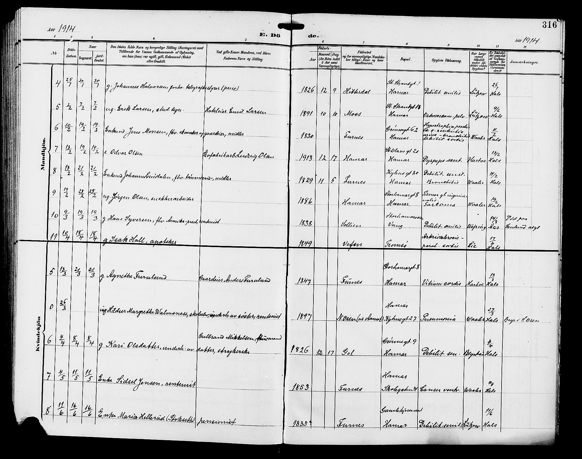 Hamar prestekontor, AV/SAH-DOMPH-002/H/Ha/Hab/L0001: Klokkerbok nr. 1, 1899-1914, s. 316