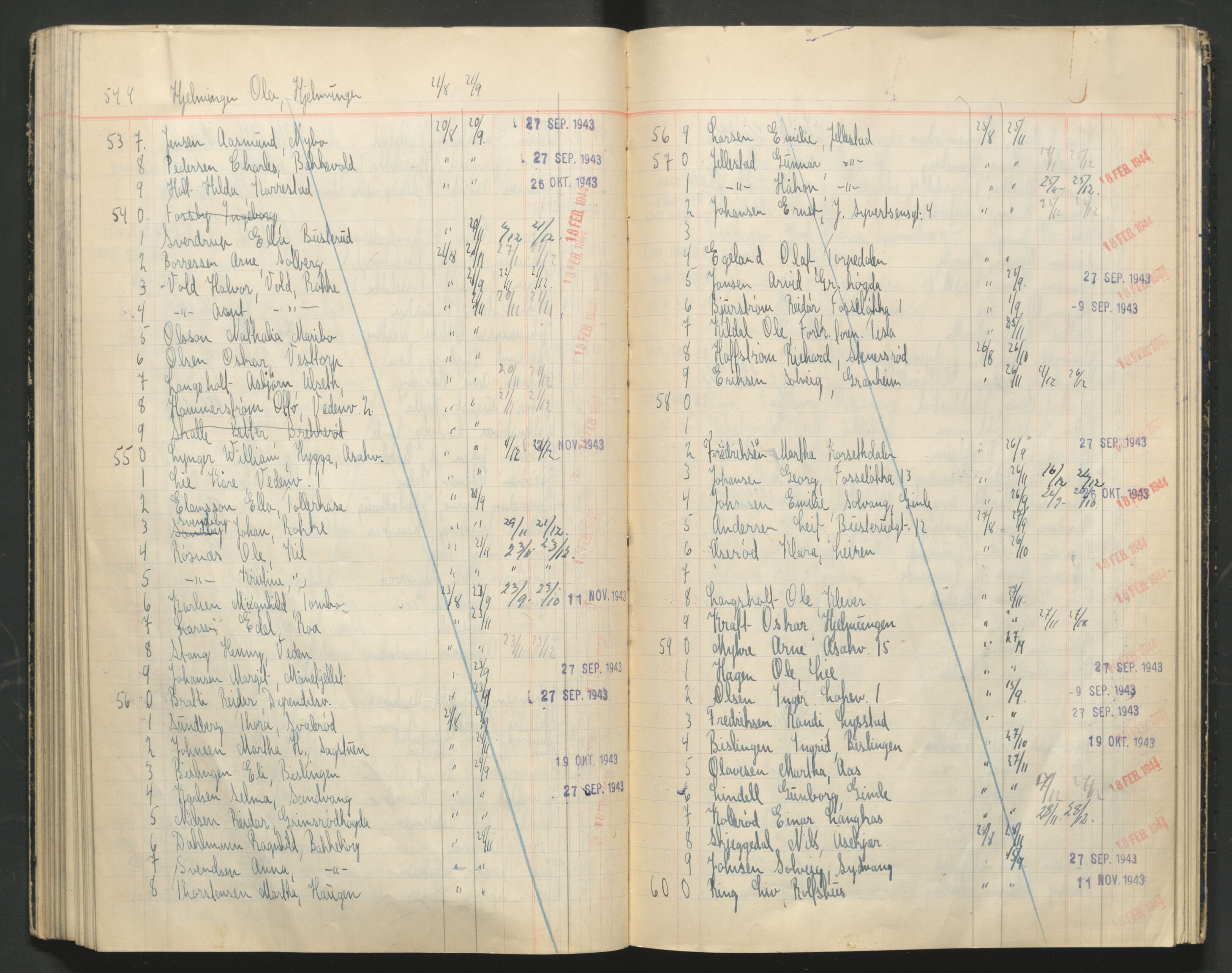 Berg lensmannskontor, AV/SAO-A-10263/I/Ib/L0003: Fortegnelse over utstedte passersedler til Grensesone Vest, nr. 2661-5997 og nr. 1-2069, 1942-1944
