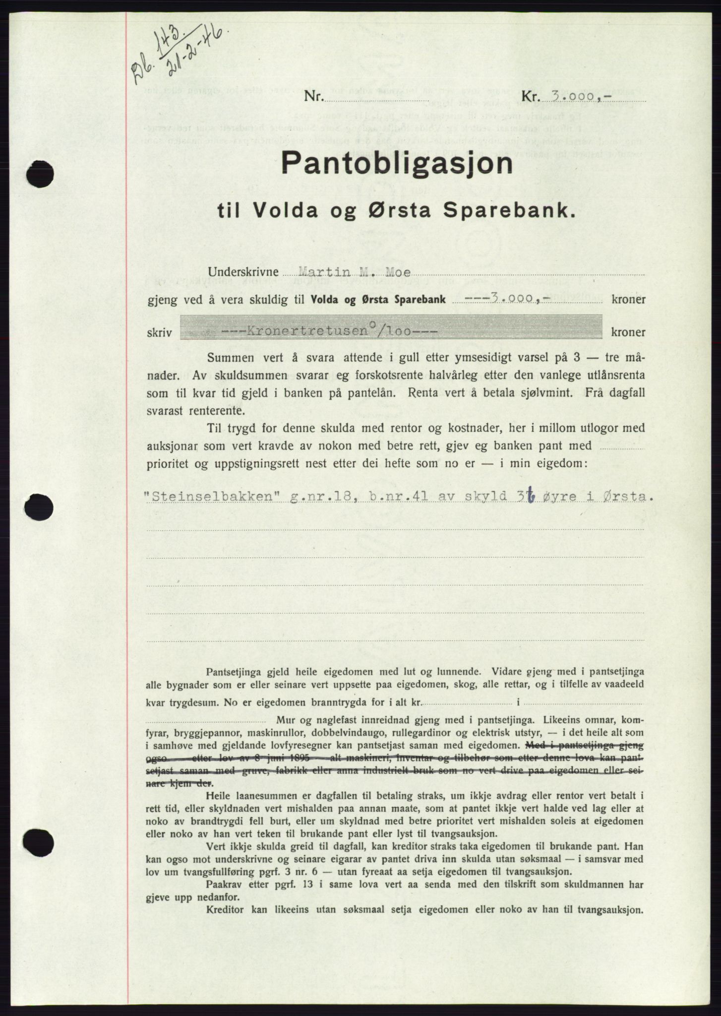 Søre Sunnmøre sorenskriveri, AV/SAT-A-4122/1/2/2C/L0114: Pantebok nr. 1-2B, 1943-1947, Dagboknr: 143/1946