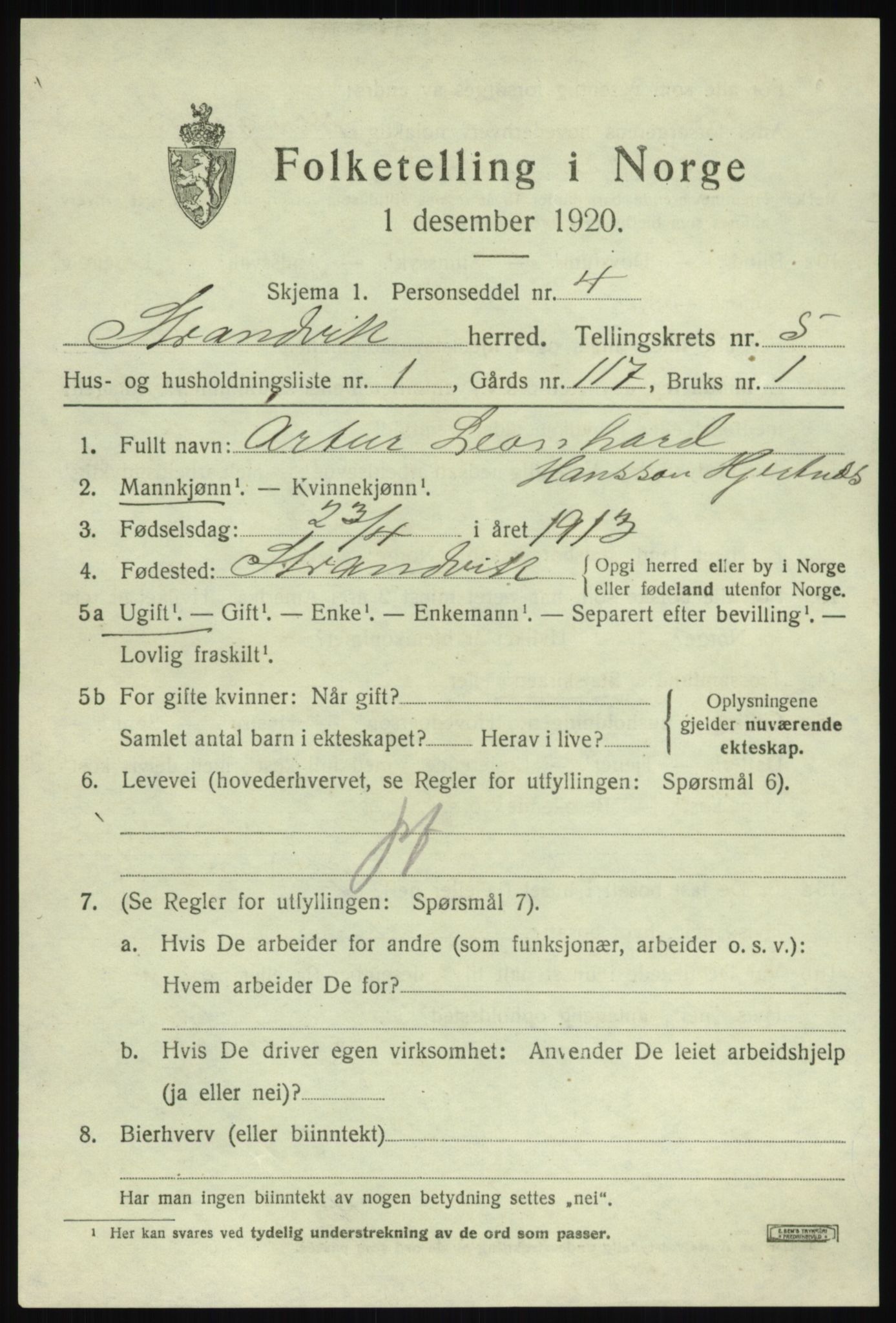 SAB, Folketelling 1920 for 1240 Strandvik herred, 1920, s. 3978