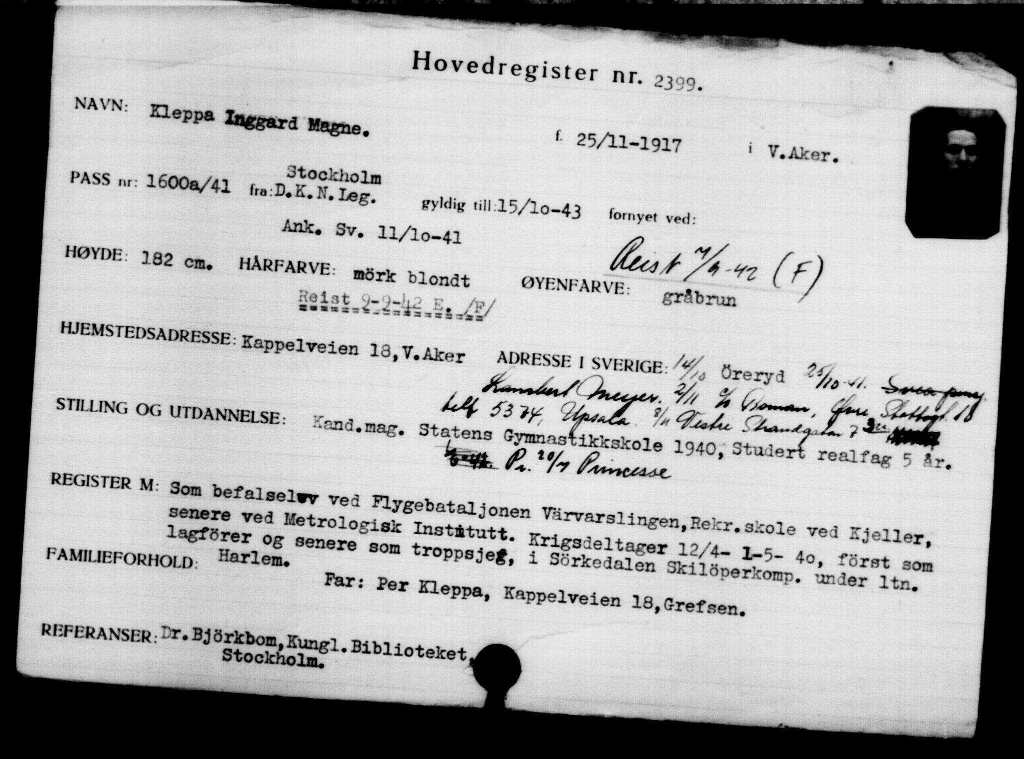 Utenriksstasjonene, Legasjonen i Stockholm, Flyktningkontoret, AV/RA-S-6753/V/Va/L0003: Kjesäterkartoteket, flyktninger med registreringsnr. 2001-3495, 1940-1945, s. 565