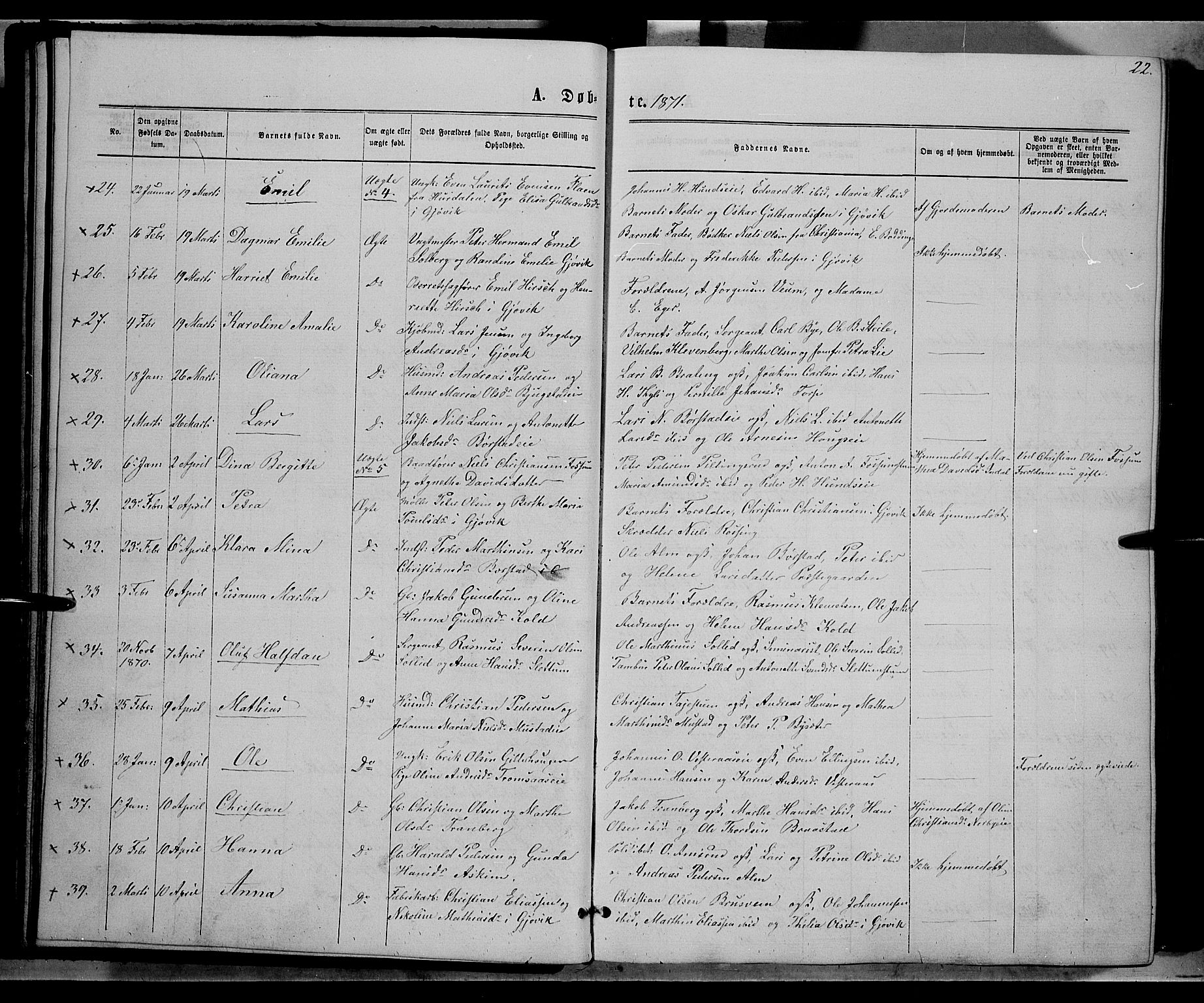 Vardal prestekontor, AV/SAH-PREST-100/H/Ha/Hab/L0006: Klokkerbok nr. 6, 1869-1881, s. 22
