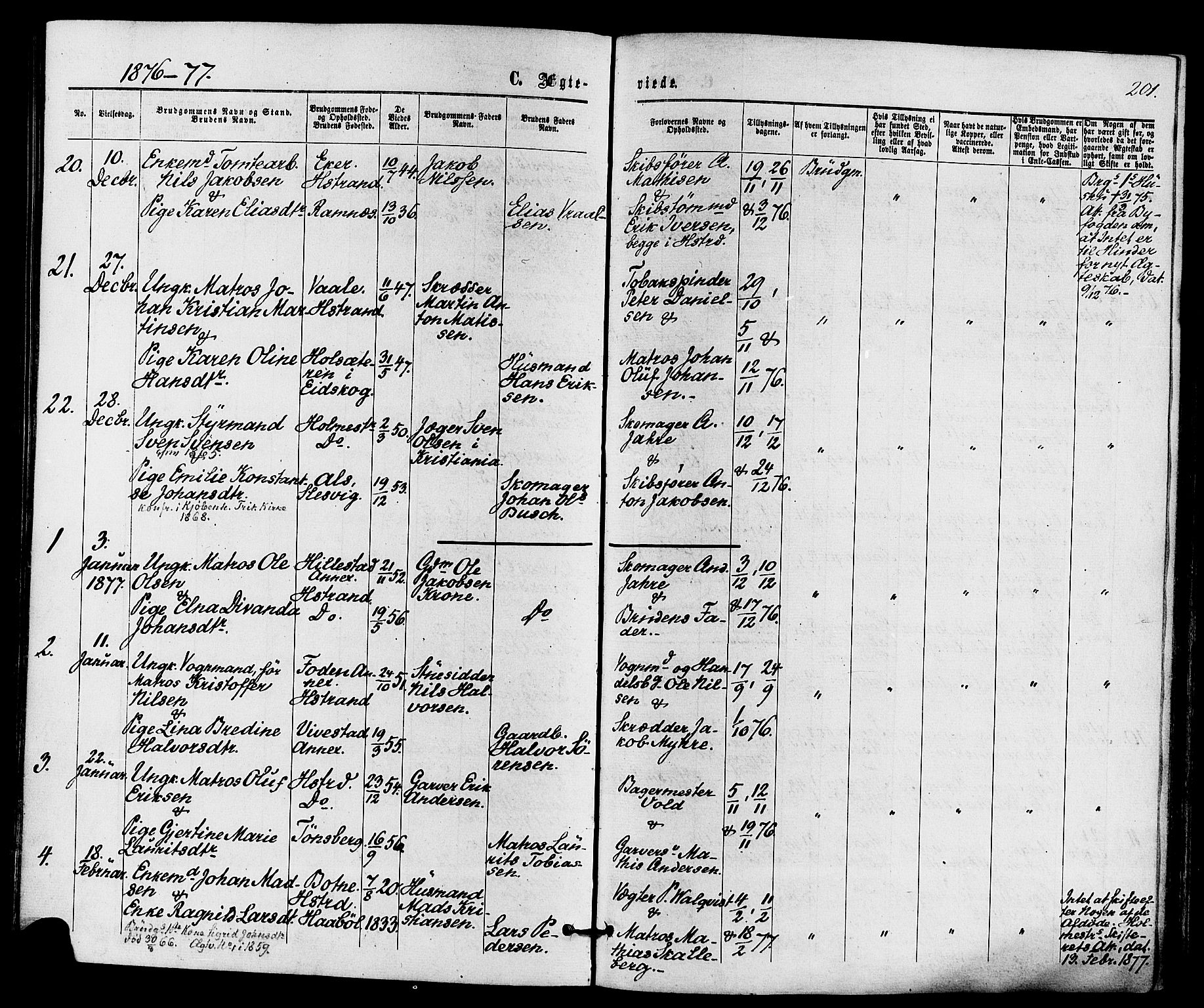 Holmestrand kirkebøker, AV/SAKO-A-346/F/Fa/L0003: Ministerialbok nr. 3, 1867-1879, s. 201