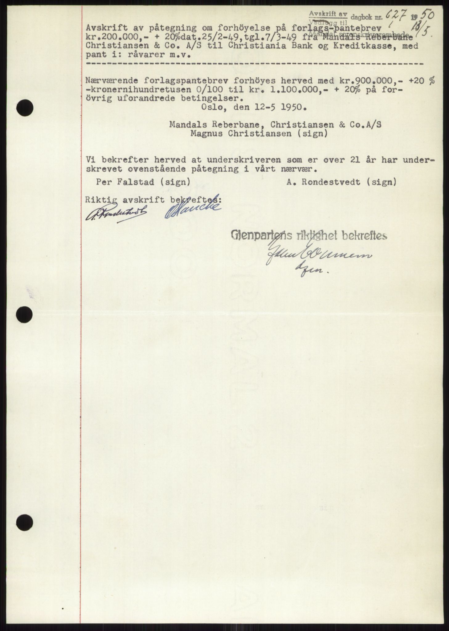 Mandal sorenskriveri, SAK/1221-0005/001/G/Gb/Gbb/L0002: Pantebok nr. B-2 - B-3, 1946-1950, Dagboknr: 627/1950