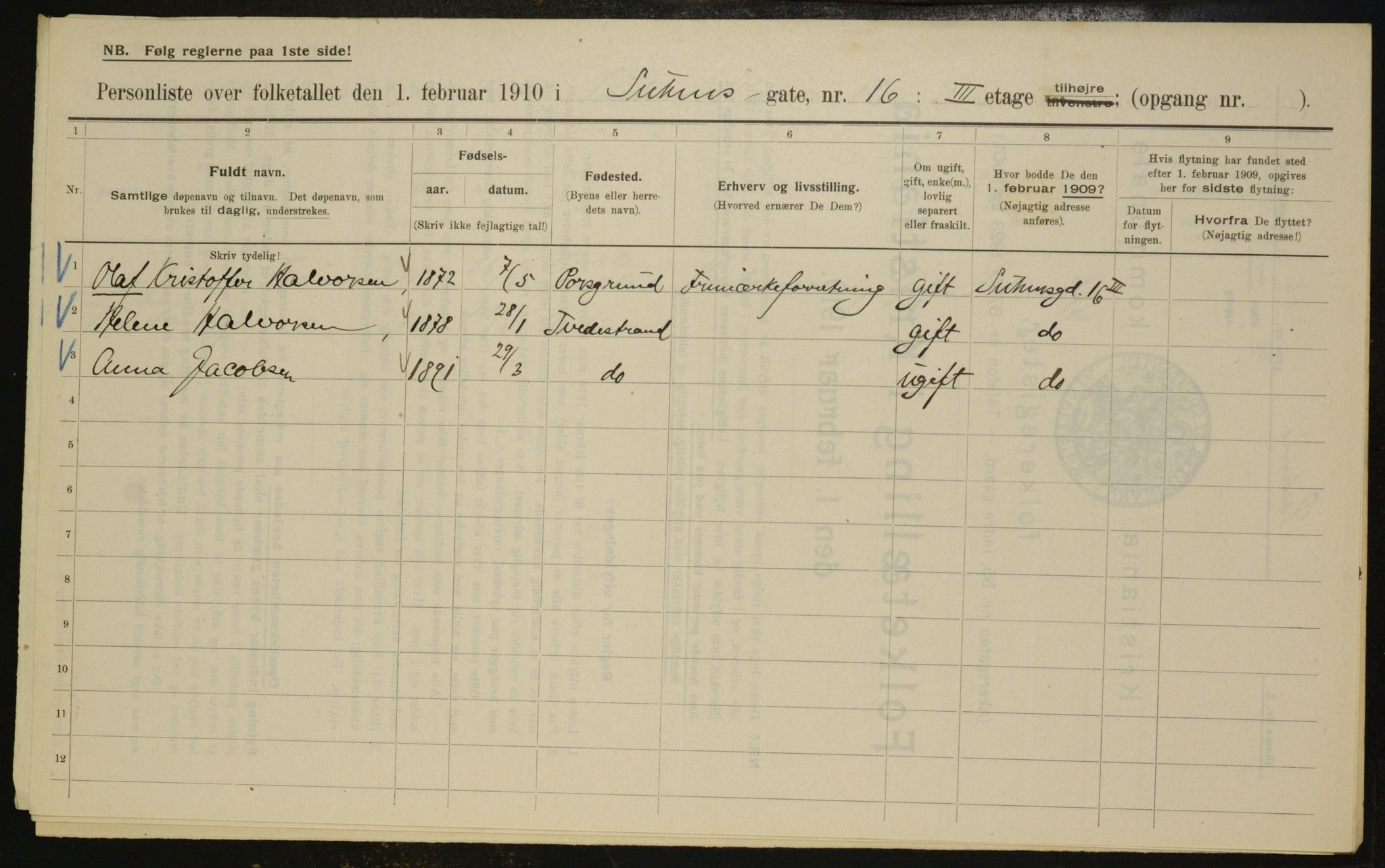 OBA, Kommunal folketelling 1.2.1910 for Kristiania, 1910, s. 99300