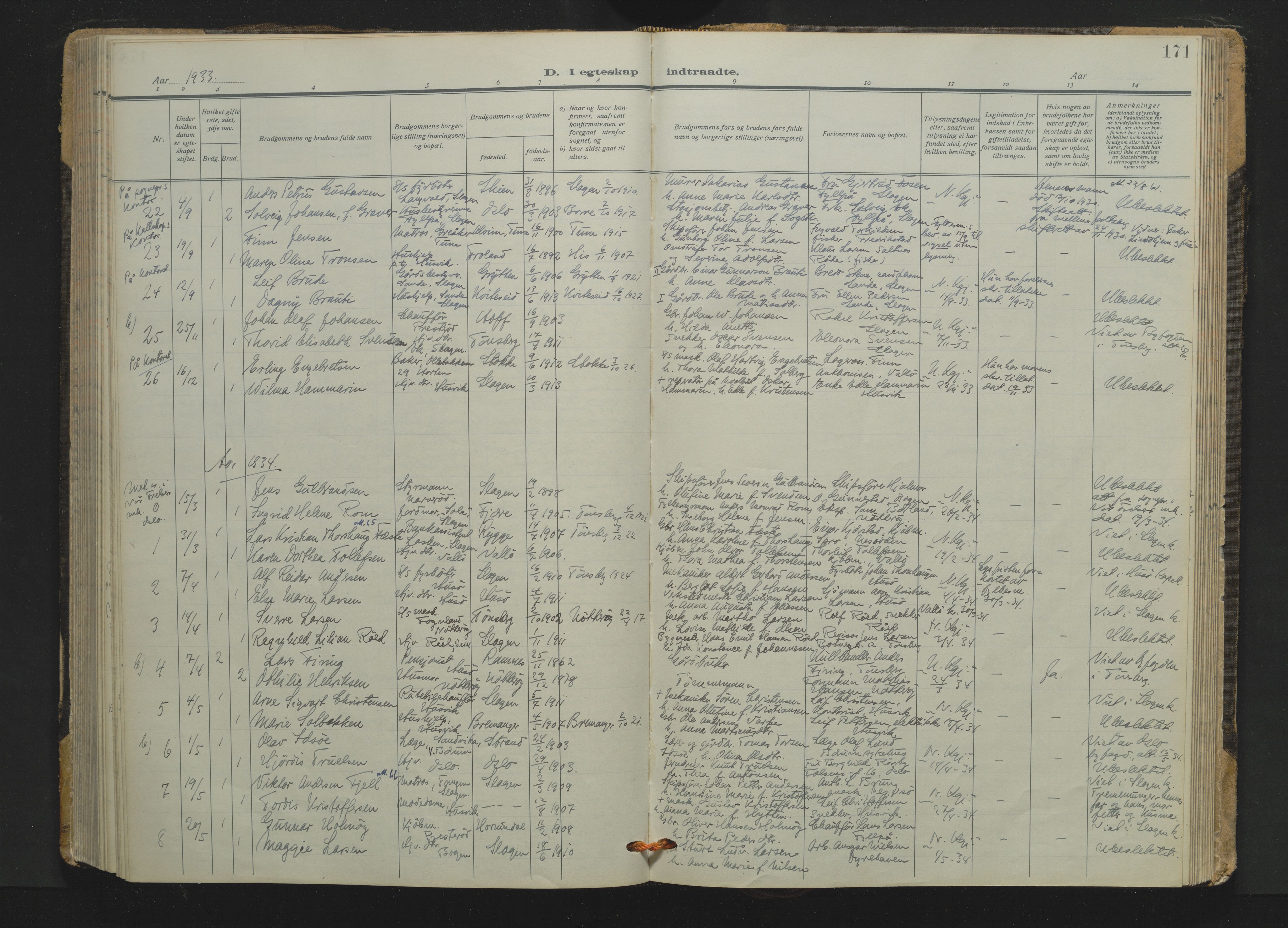 Søndre Slagen kirkebøker, AV/SAKO-A-326/F/Fa/L0001: Ministerialbok nr. 1, 1922-1935, s. 171