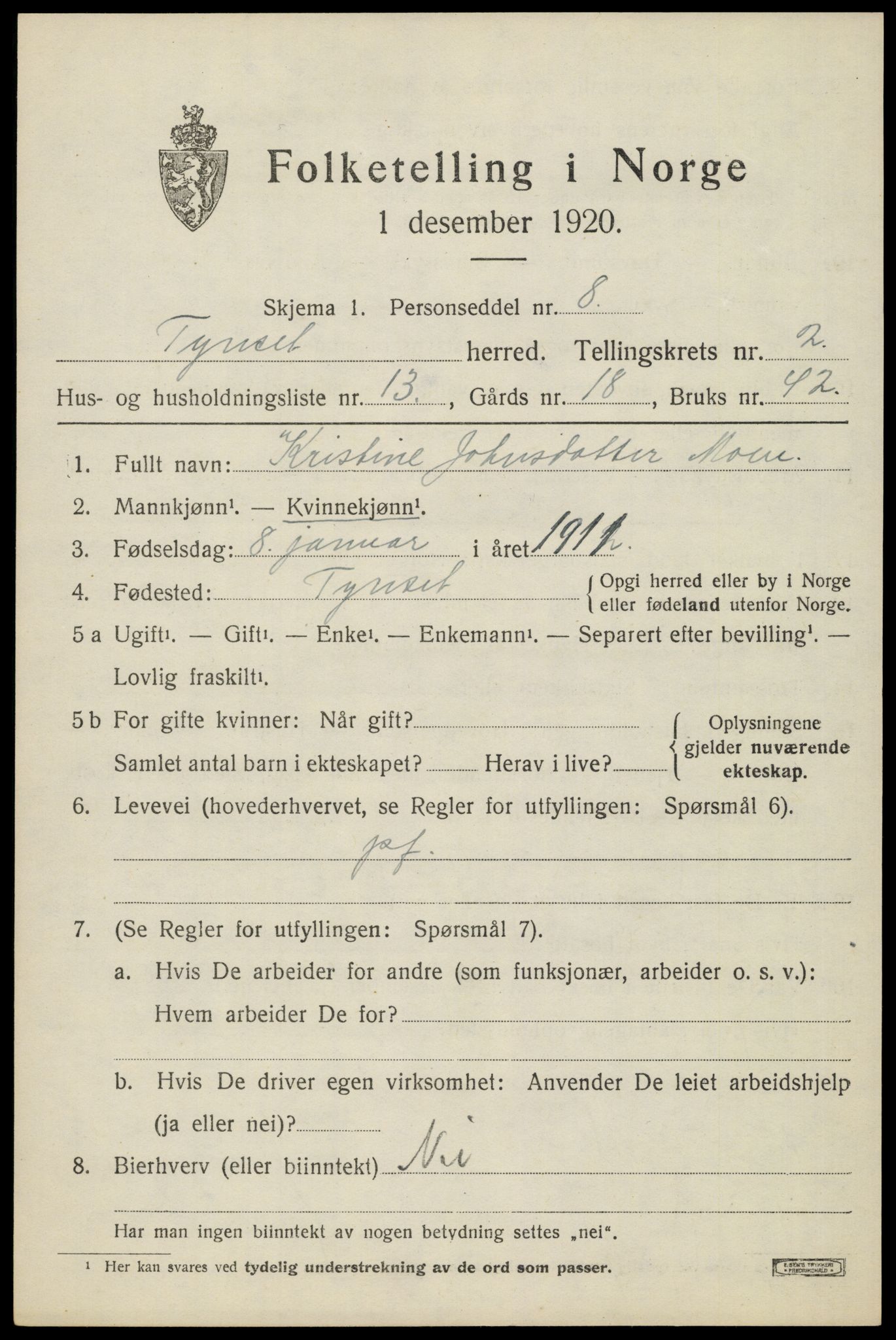 SAH, Folketelling 1920 for 0437 Tynset herred, 1920, s. 2440