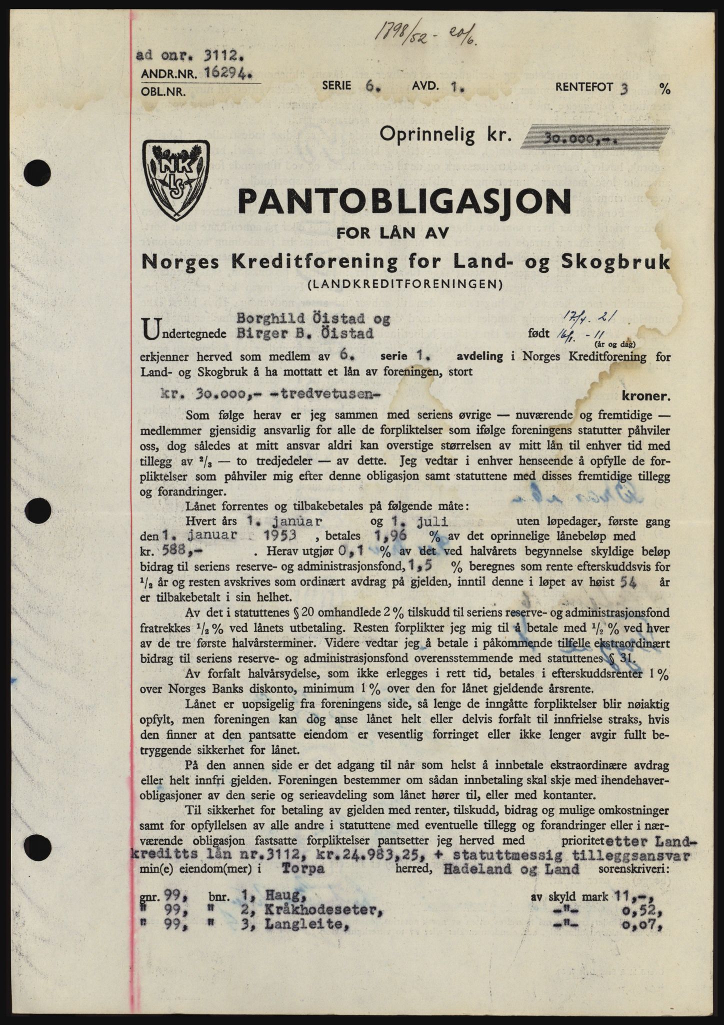 Hadeland og Land tingrett, SAH/TING-010/H/Hb/Hbc/L0024: Pantebok nr. B24, 1952-1952, Dagboknr: 1798/1952