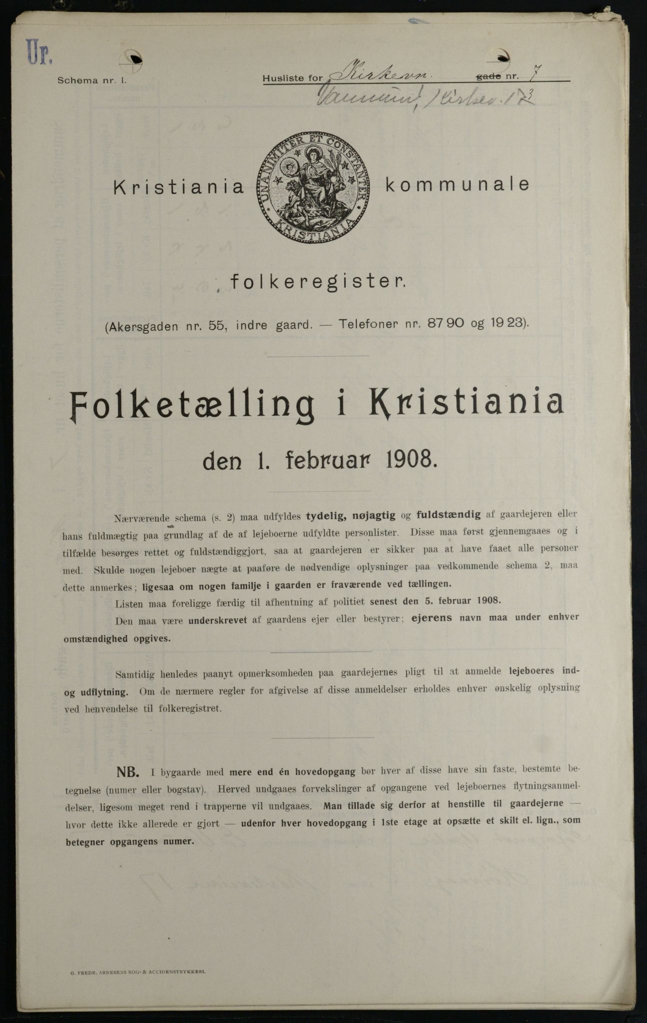 OBA, Kommunal folketelling 1.2.1908 for Kristiania kjøpstad, 1908, s. 45582