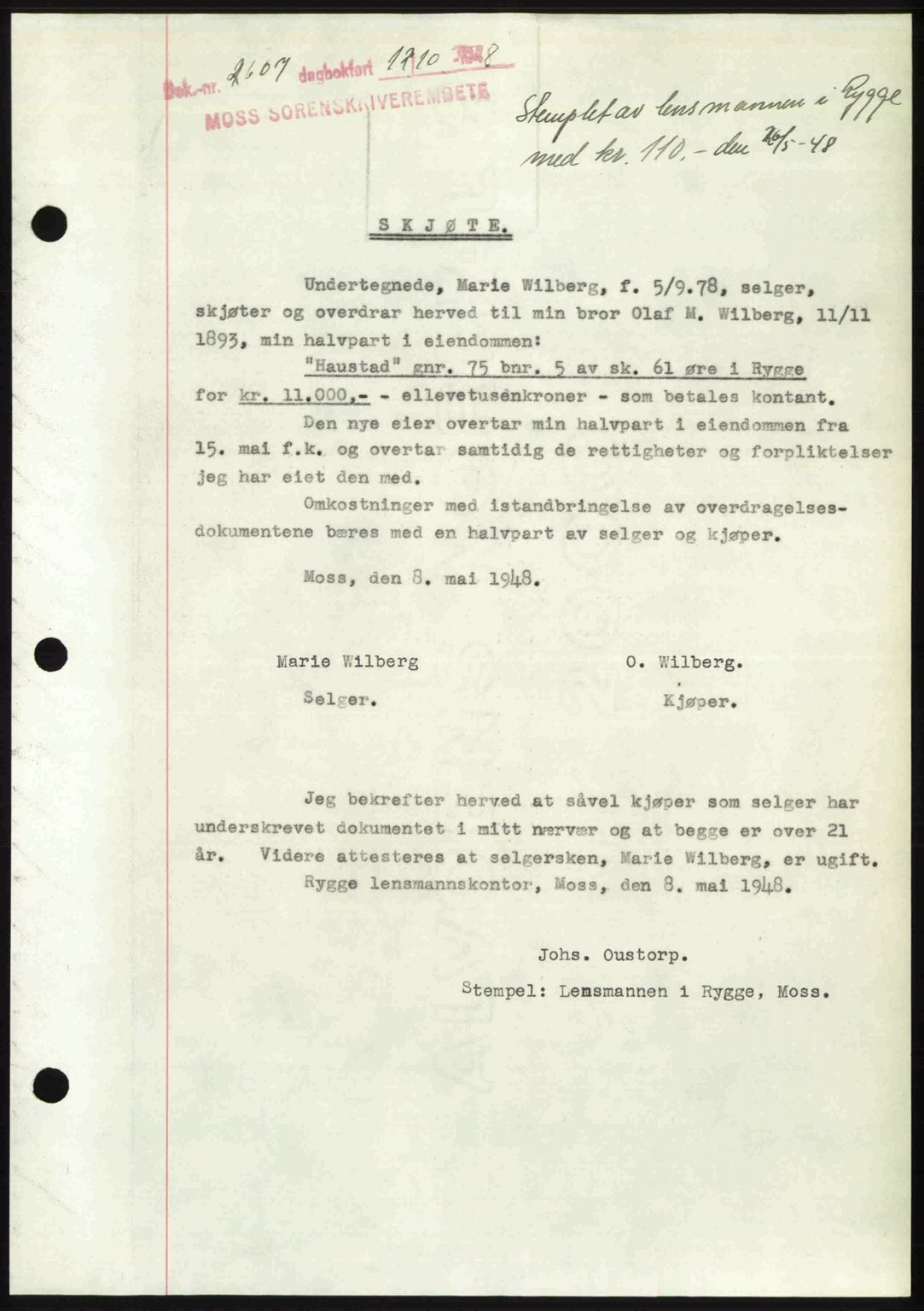 Moss sorenskriveri, SAO/A-10168: Pantebok nr. A20, 1948-1948, Dagboknr: 2607/1948