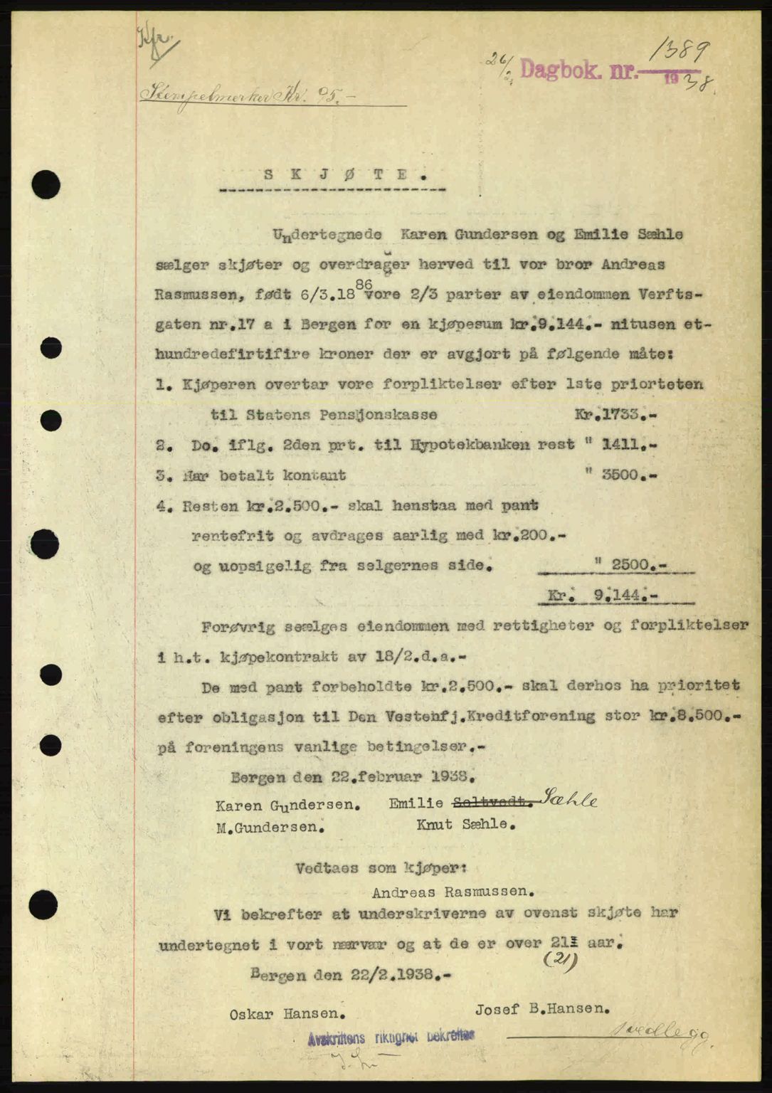 Byfogd og Byskriver i Bergen, SAB/A-3401/03/03Bc/L0006: Pantebok nr. A5, 1937-1938, Dagboknr: 1389/1938