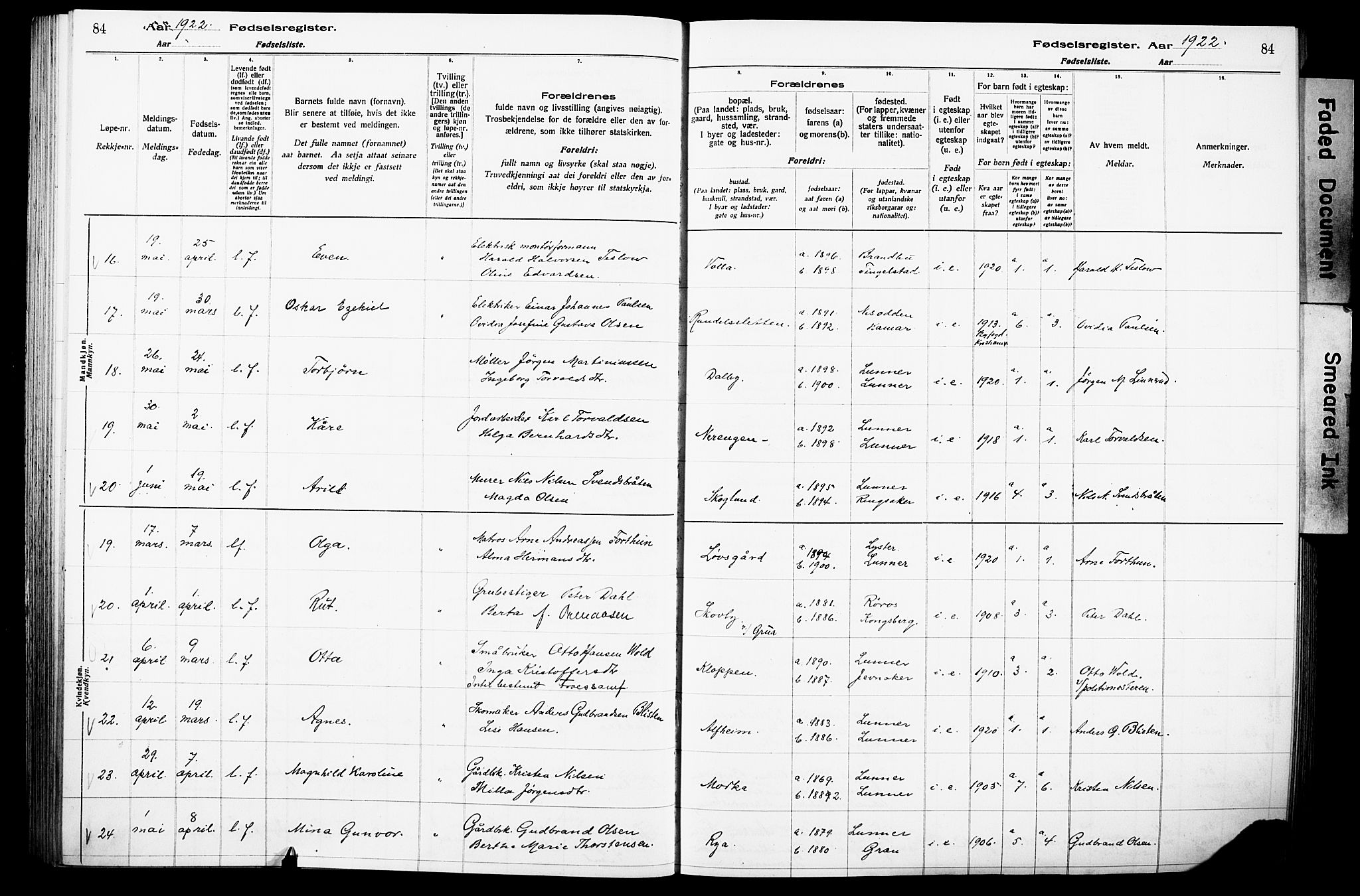 Lunner prestekontor, AV/SAH-PREST-118/I/Id/L0001: Fødselsregister nr. 1, 1916-1932, s. 84