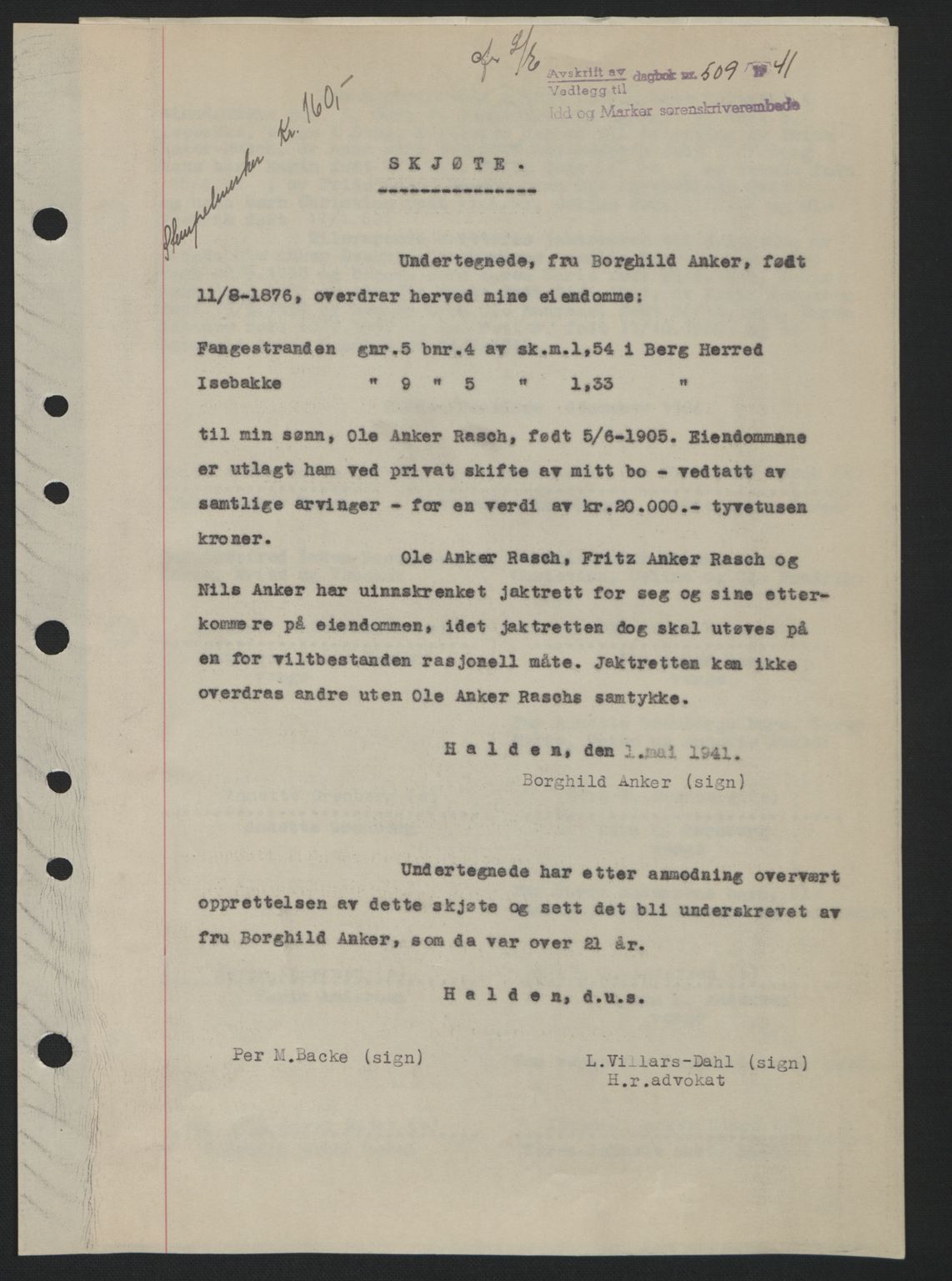 Idd og Marker sorenskriveri, AV/SAO-A-10283/G/Gb/Gbb/L0004: Pantebok nr. A4, 1940-1941, Dagboknr: 509/1941
