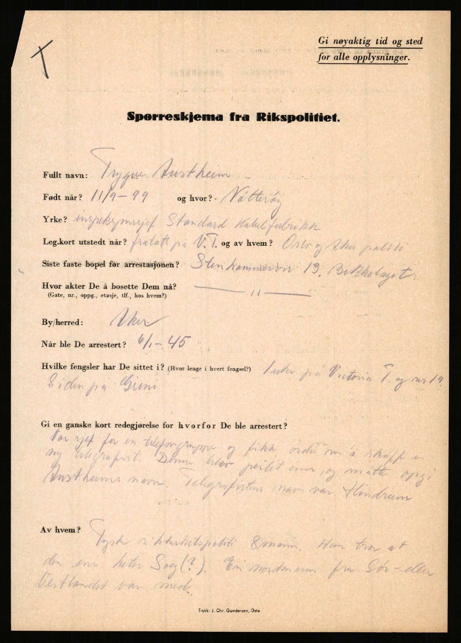 Rikspolitisjefen, AV/RA-S-1560/L/L0001: Abelseth, Rudolf - Berentsen, Odd, 1940-1945, s. 1043