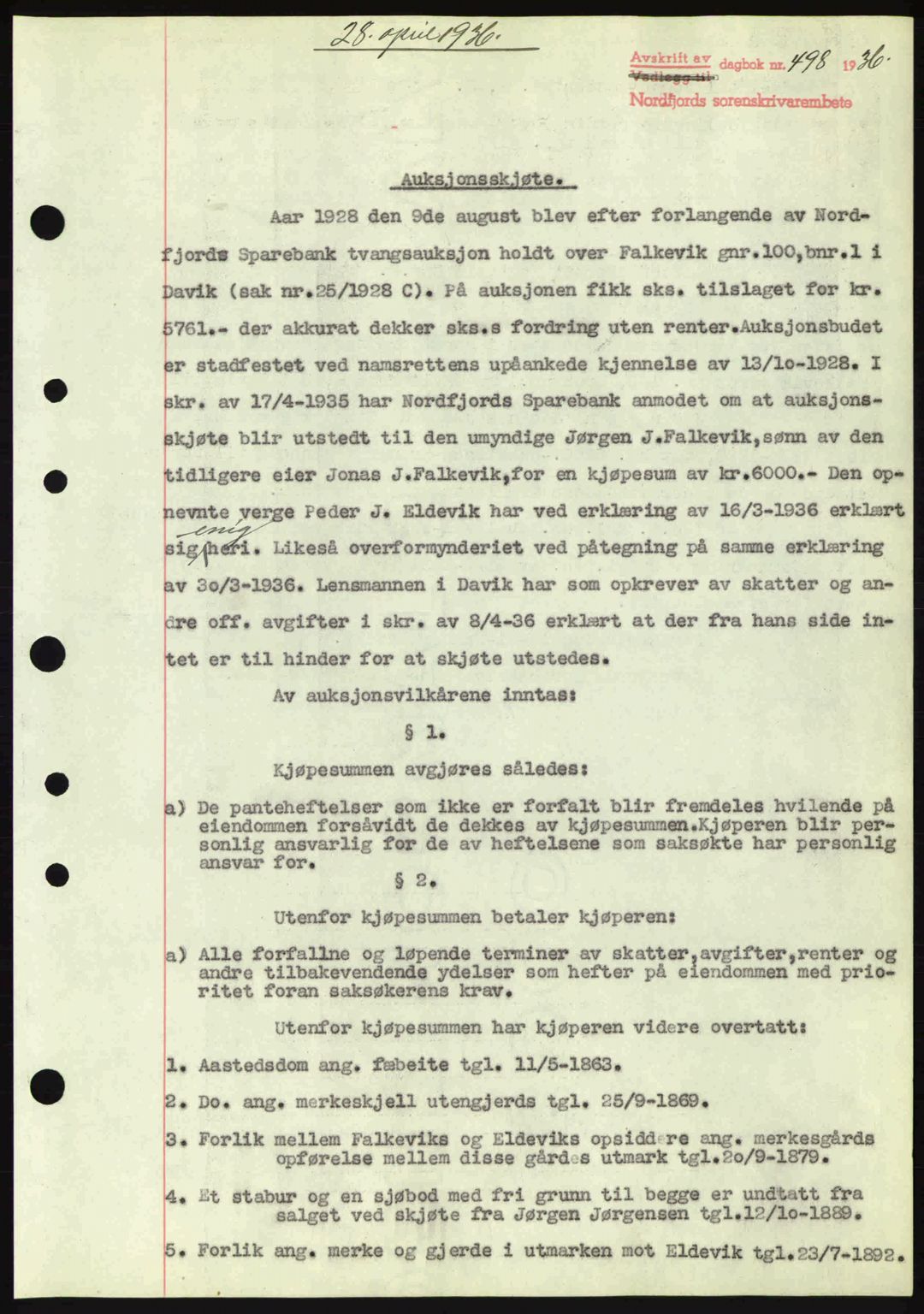 Nordfjord sorenskriveri, AV/SAB-A-2801/02/02b/02bj/L0001: Pantebok nr. A1, 1936-1937, Dagboknr: 498/1936