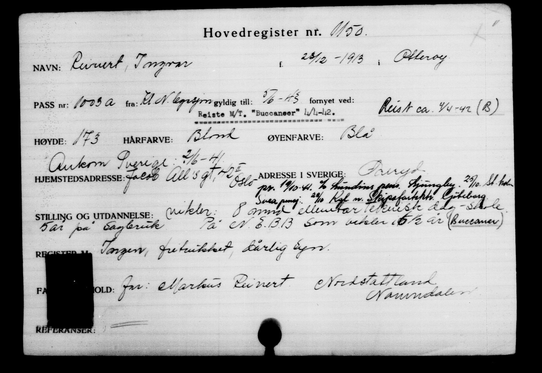 Utenriksstasjonene, Legasjonen i Stockholm, Flyktningkontoret, AV/RA-S-6753/V/Va/L0002: Kjesäterkartoteket, flyktninger med registreringsnr. 1001-2000, 1940-1945, s. 236