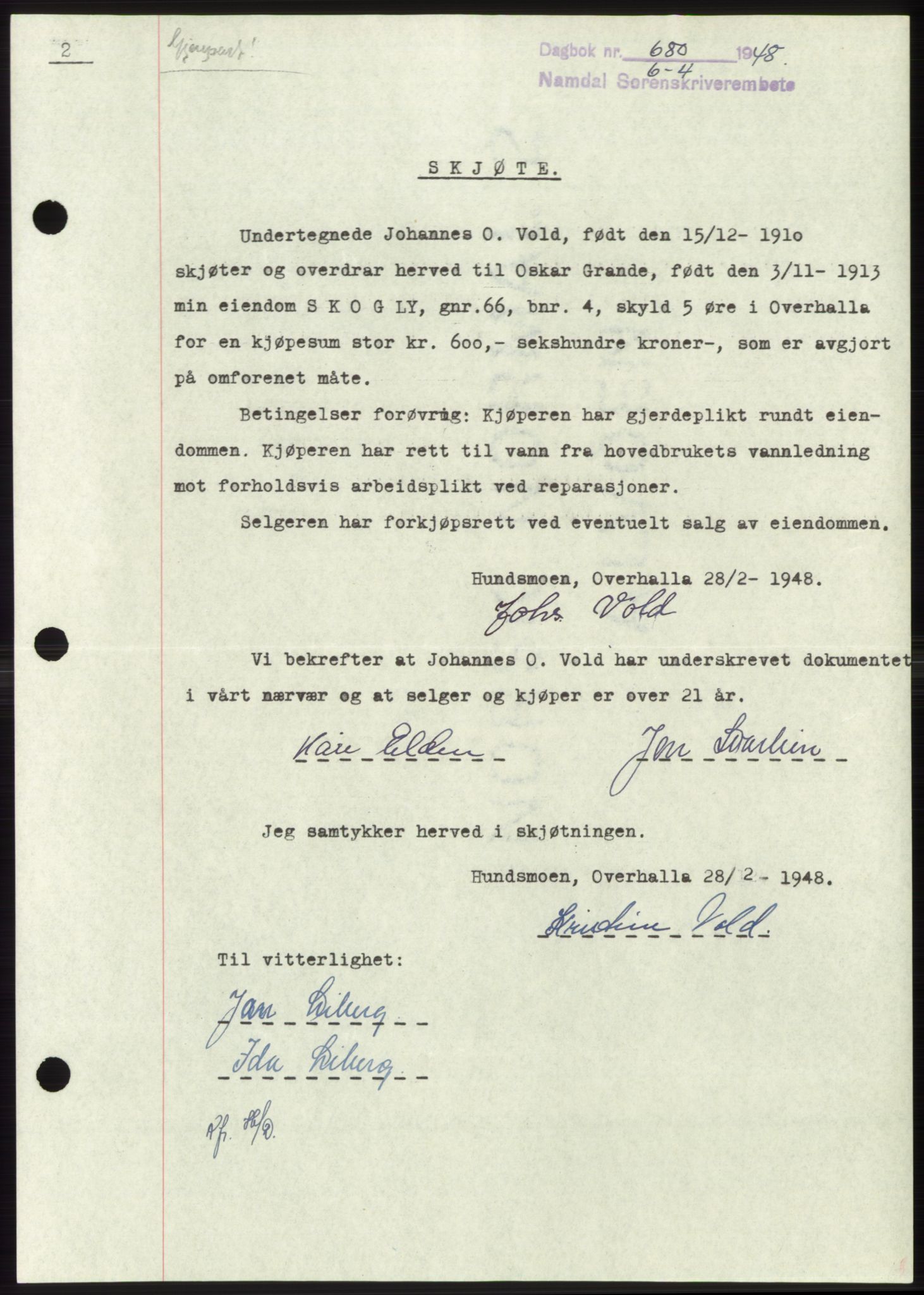 Namdal sorenskriveri, SAT/A-4133/1/2/2C: Pantebok nr. -, 1947-1948, Dagboknr: 680/1948