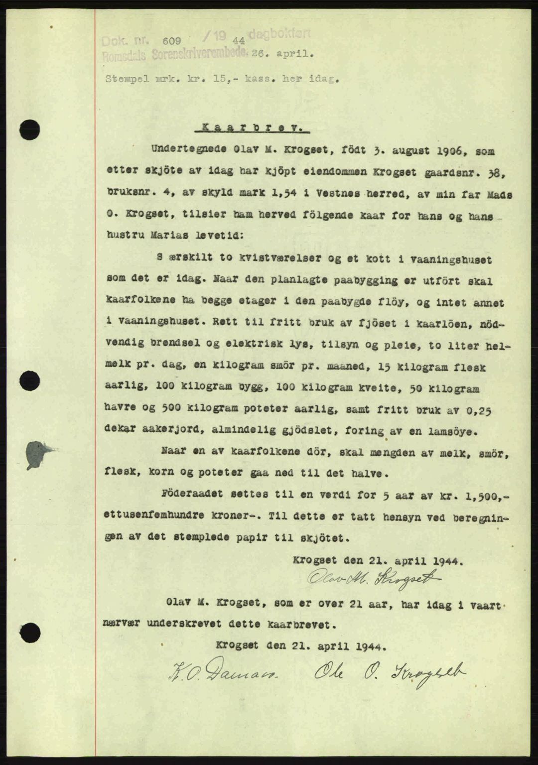 Romsdal sorenskriveri, SAT/A-4149/1/2/2C: Pantebok nr. B2, 1939-1945, Dagboknr: 609/1944