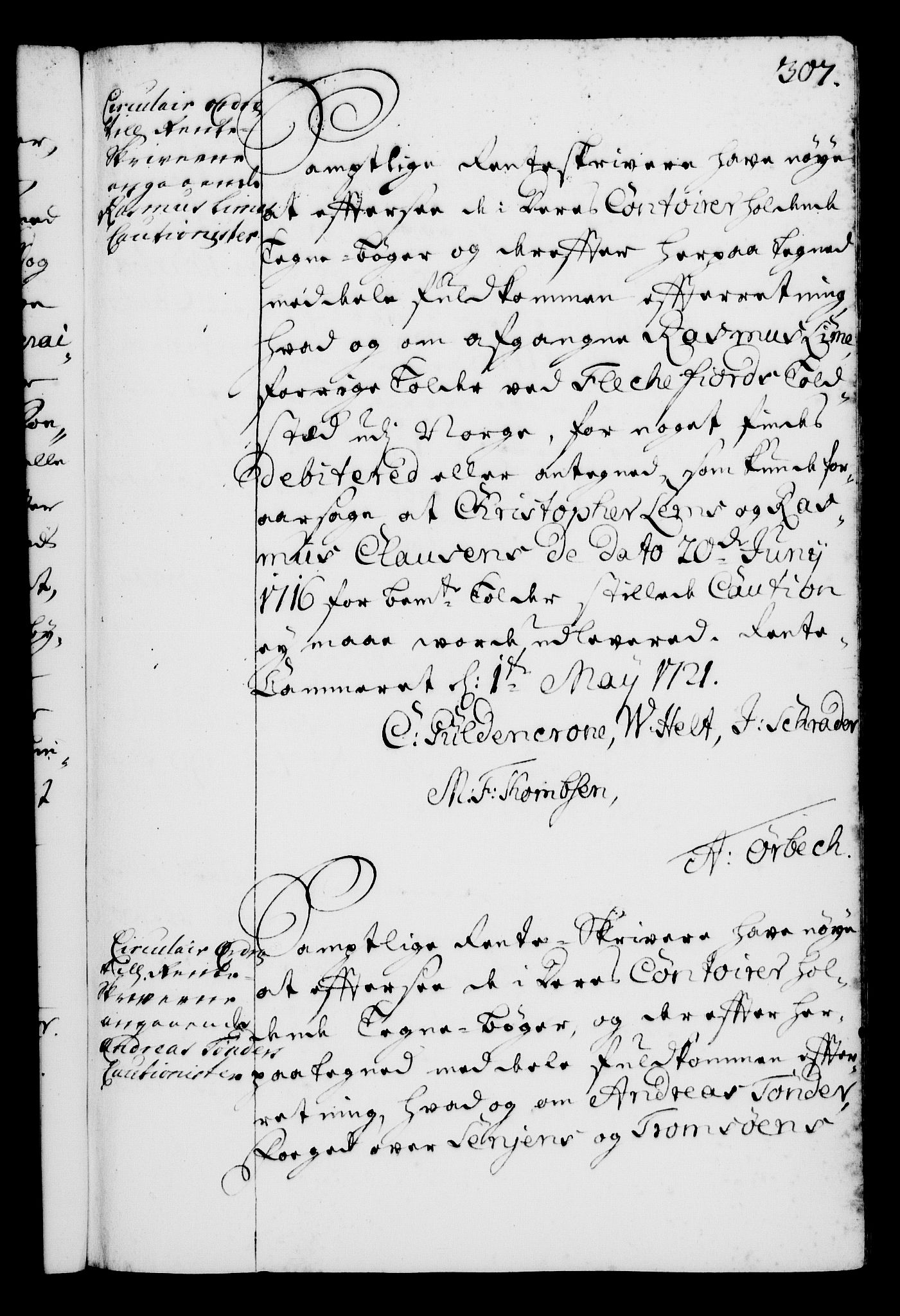 Rentekammeret, Kammerkanselliet, RA/EA-3111/G/Gg/Gga/L0001: Norsk ekspedisjonsprotokoll med register (merket RK 53.1), 1720-1723, s. 307
