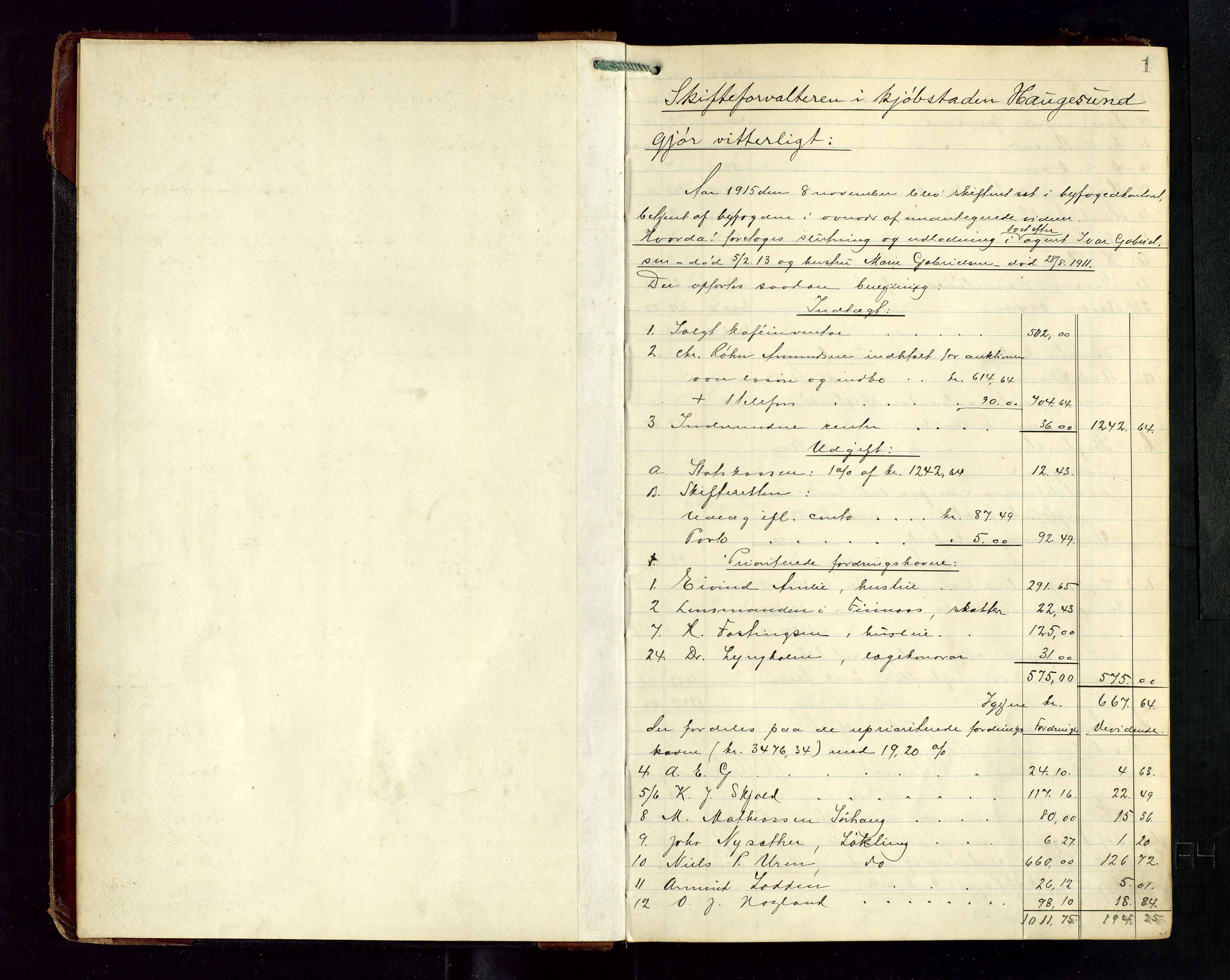 Haugesund tingrett, SAST/A-101415/01/IV/IVD/L0003: Skifteutlodningsprotokoll, med register, 1915-1924, s. 1