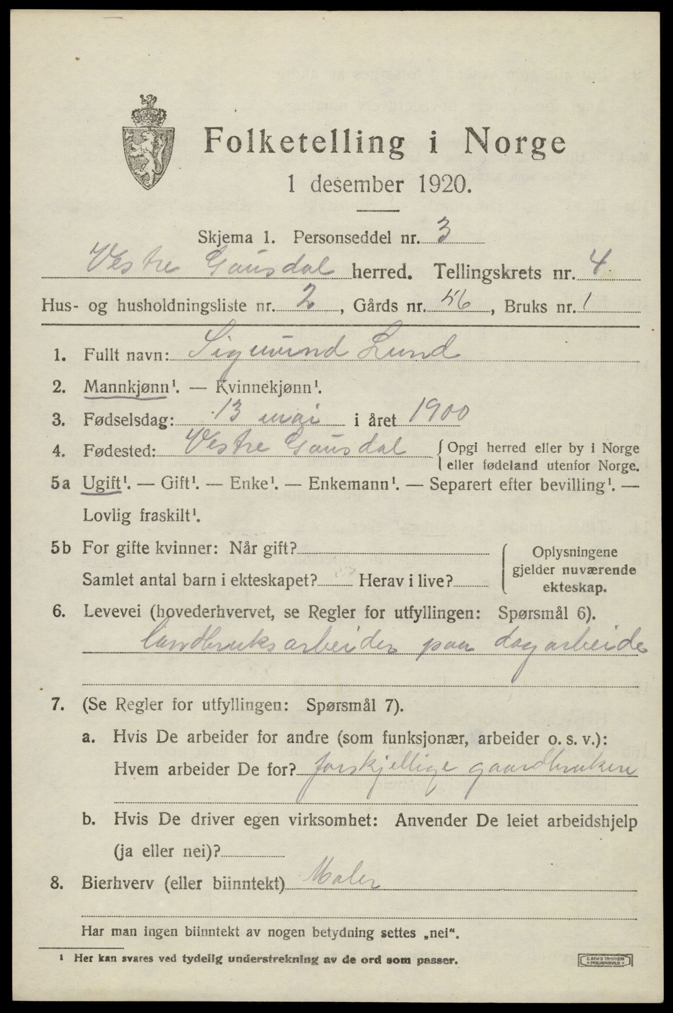 SAH, Folketelling 1920 for 0523 Vestre Gausdal herred, 1920, s. 3109