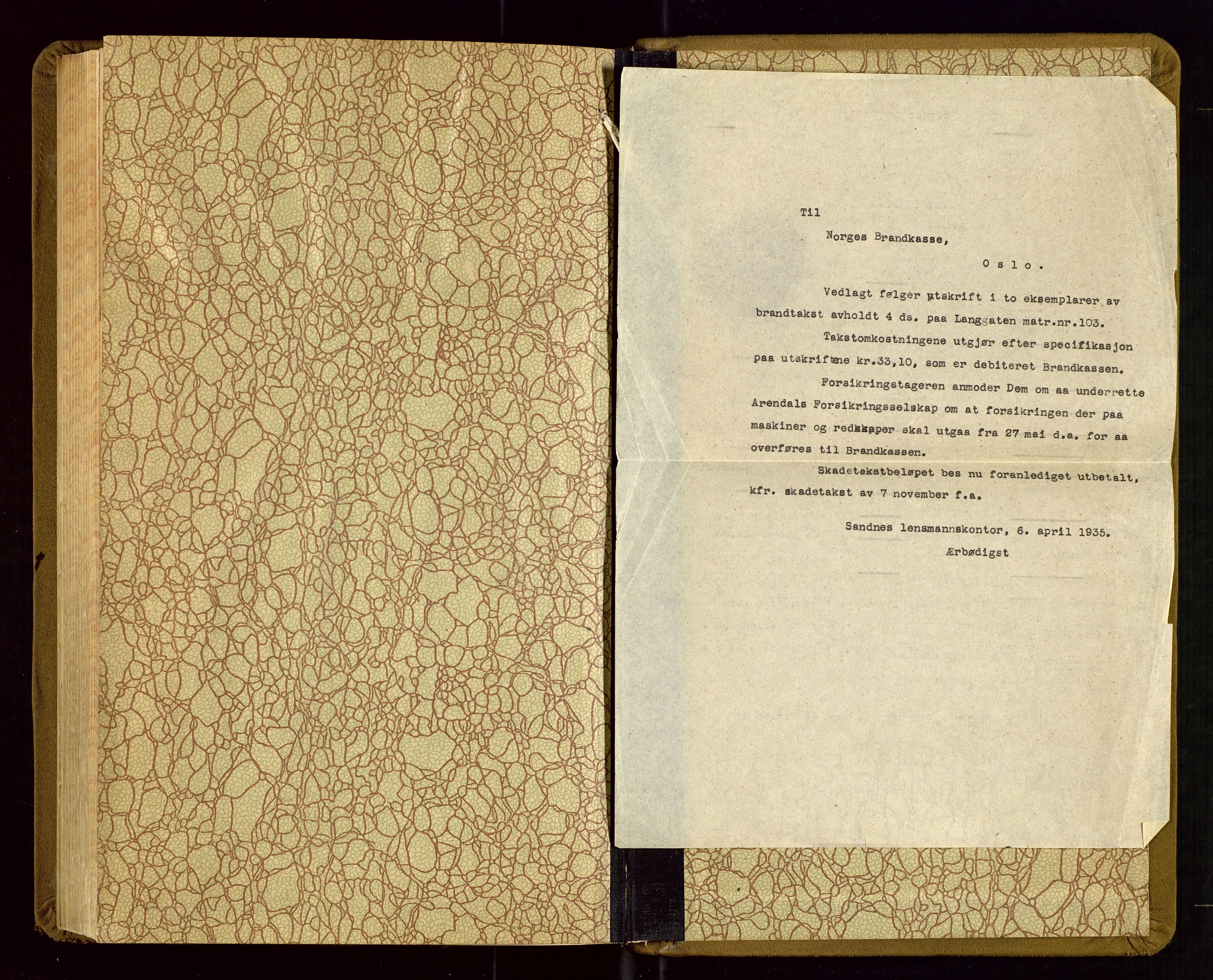 Sandnes lensmannskontor, SAST/A-100167/Goa/L0004: "Brandtakstprotokol", 1934-1941