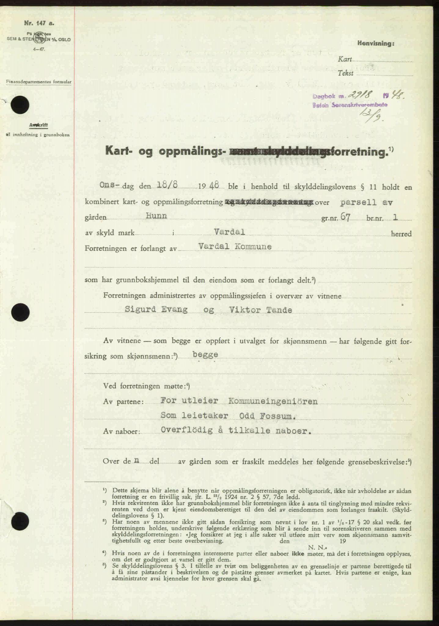 Toten tingrett, SAH/TING-006/H/Hb/Hbc/L0020: Pantebok nr. Hbc-20, 1948-1948, Dagboknr: 2918/1948
