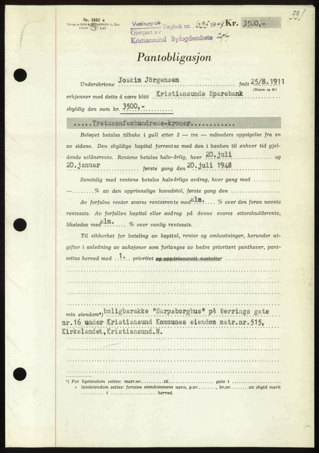 Kristiansund byfogd, AV/SAT-A-4587/A/27: Pantebok nr. 44, 1947-1948, Dagboknr: 1035/1948