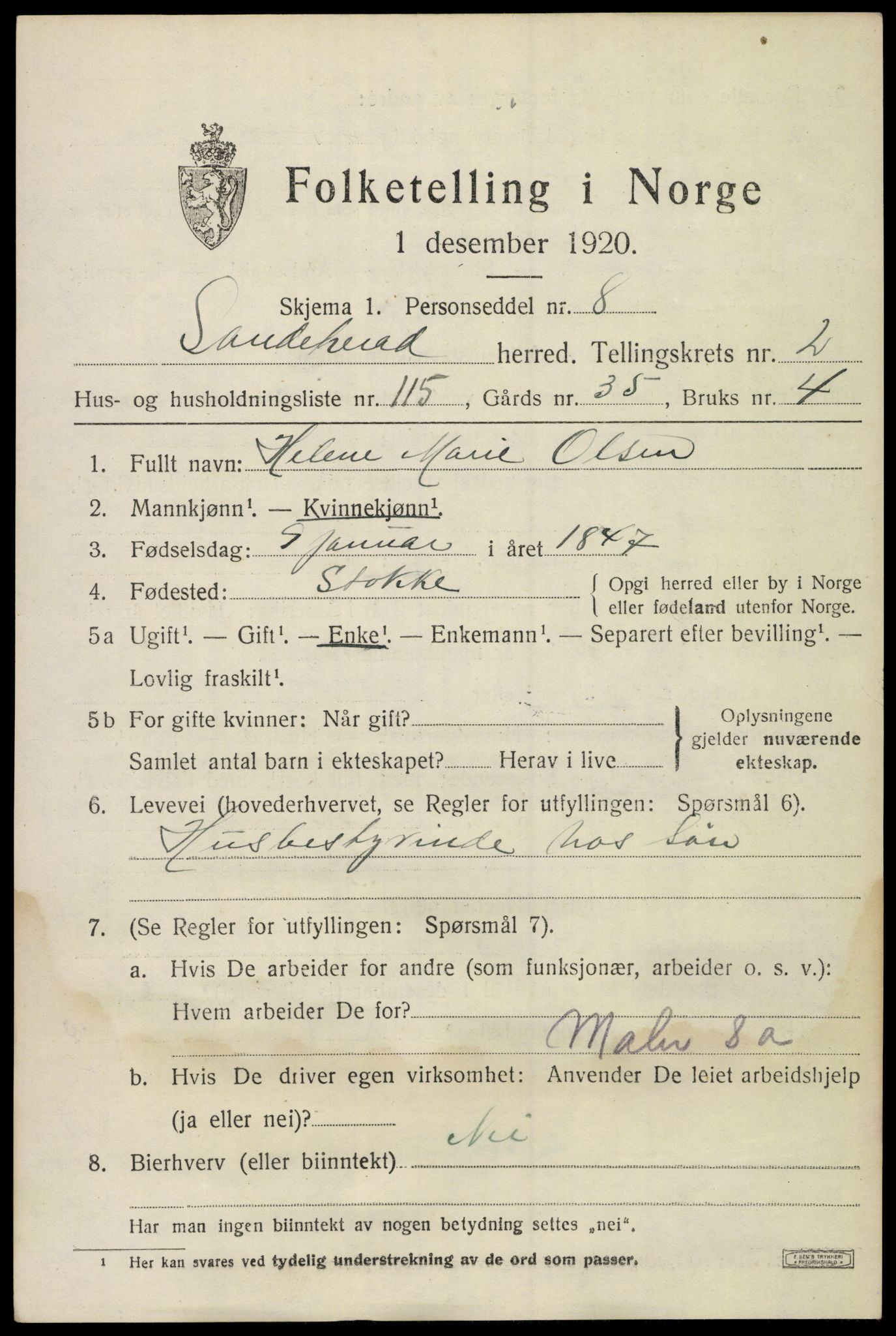 SAKO, Folketelling 1920 for 0724 Sandeherred herred, 1920, s. 5220