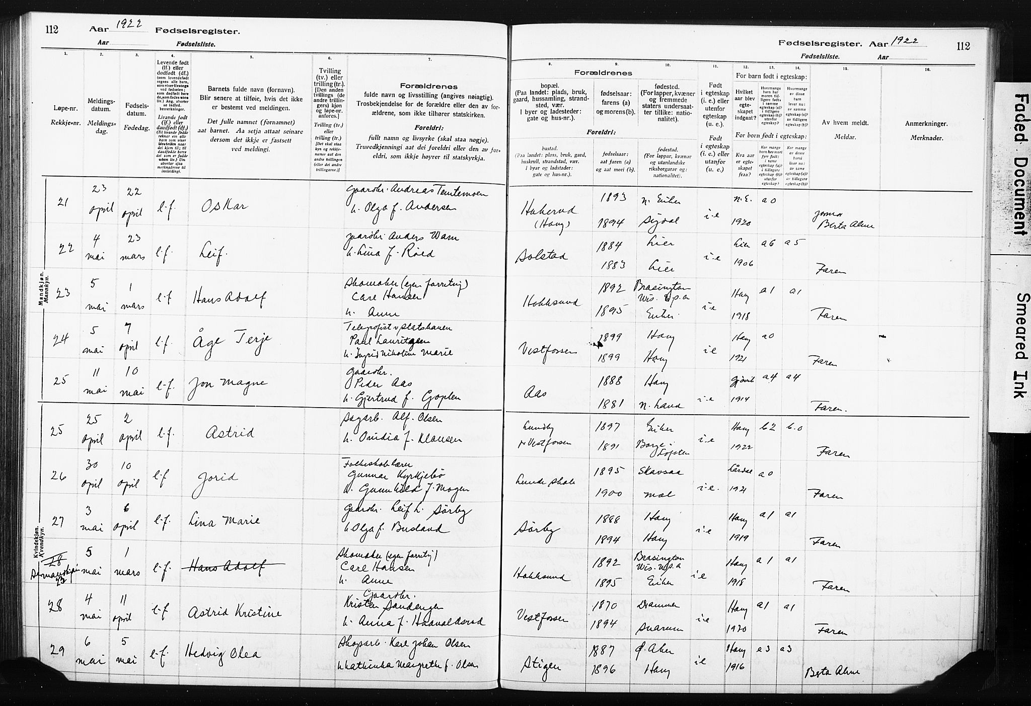 Eiker kirkebøker, AV/SAKO-A-4/J/Ja/L0001: Fødselsregister nr. I 1, 1916-1927, s. 112