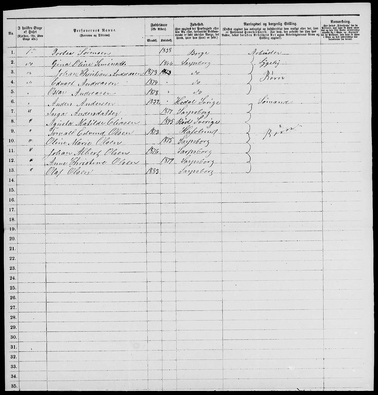 RA, Folketelling 1885 for 0102 Sarpsborg kjøpstad, 1885, s. 475