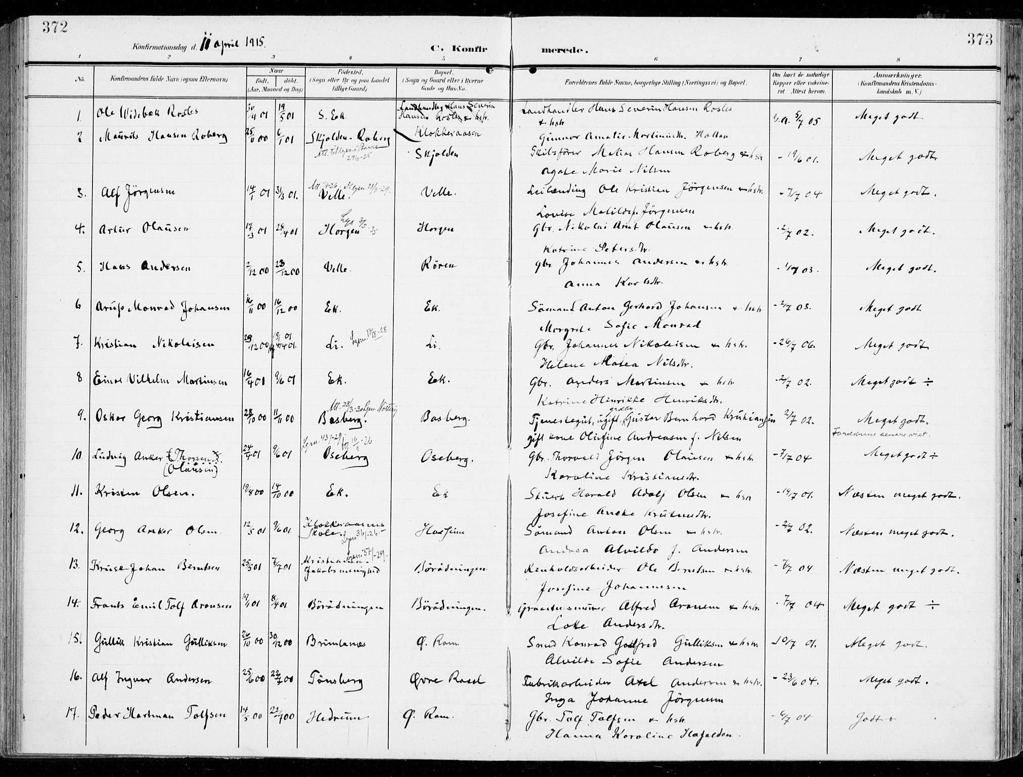 Sem kirkebøker, AV/SAKO-A-5/F/Fb/L0006: Ministerialbok nr. II 6, 1905-1918, s. 372-373