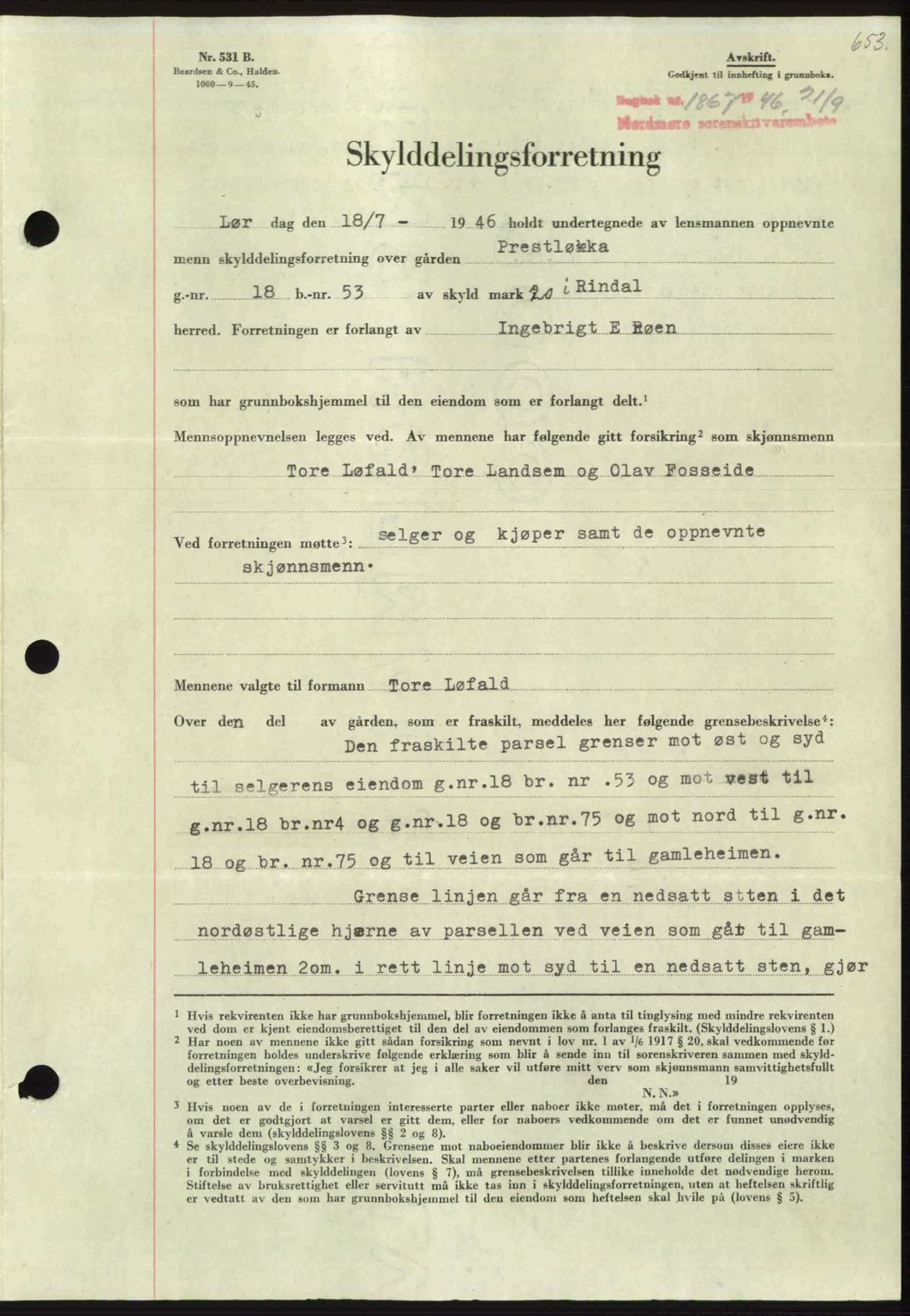 Nordmøre sorenskriveri, SAT/A-4132/1/2/2Ca: Pantebok nr. A102, 1946-1946, Dagboknr: 1867/1946