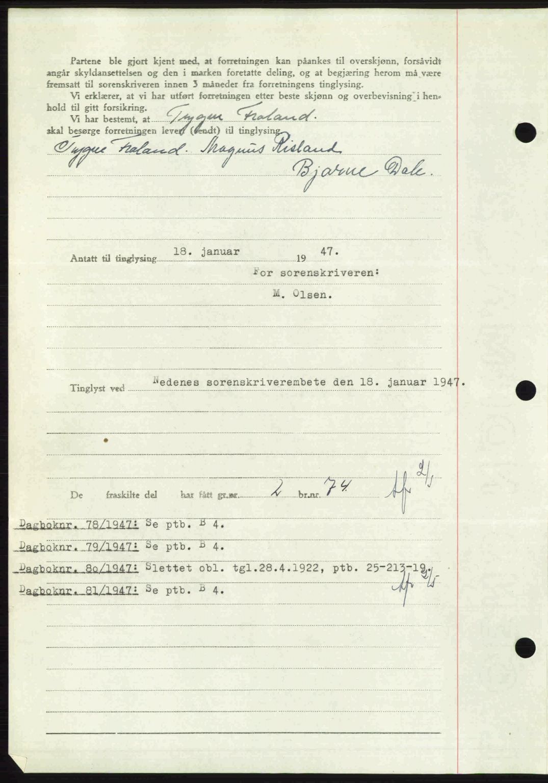 Nedenes sorenskriveri, AV/SAK-1221-0006/G/Gb/Gba/L0056: Pantebok nr. A8, 1946-1947, Dagboknr: 77/1947