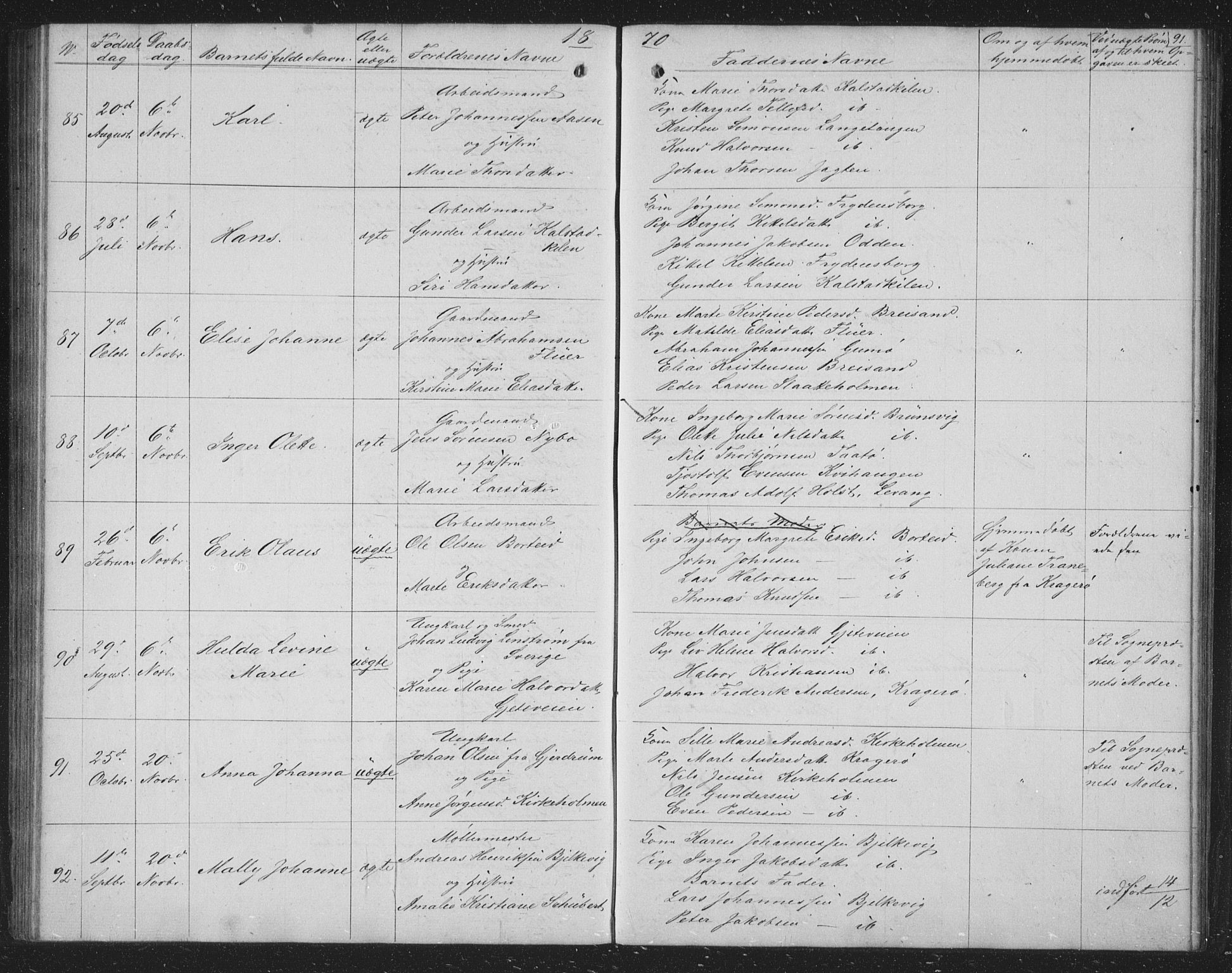 Skåtøy kirkebøker, AV/SAKO-A-304/G/Ga/L0001: Klokkerbok nr. I 1, 1862-1872, s. 91