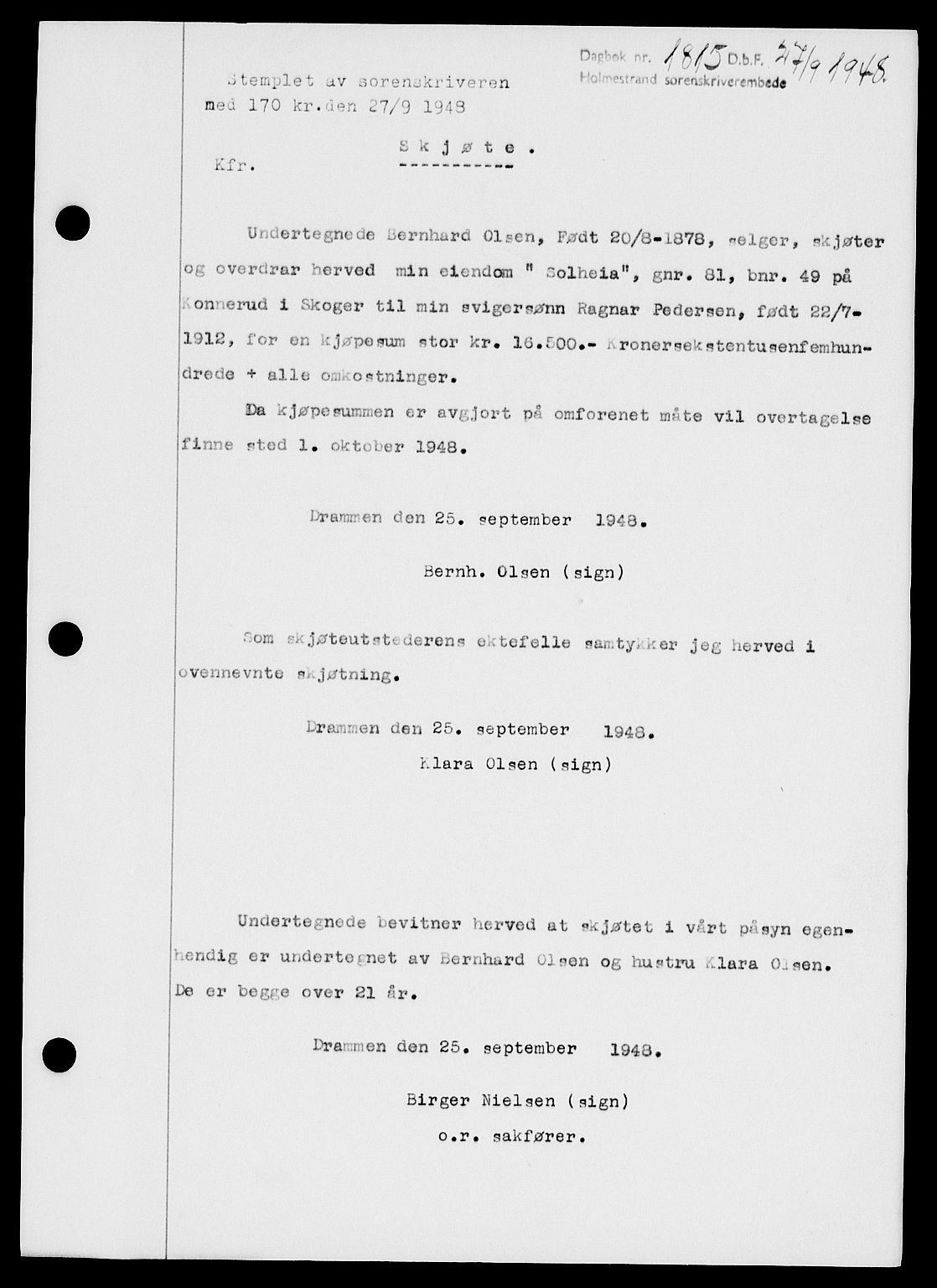 Holmestrand sorenskriveri, SAKO/A-67/G/Ga/Gaa/L0064: Pantebok nr. A-64, 1948-1948, Dagboknr: 1815/1948