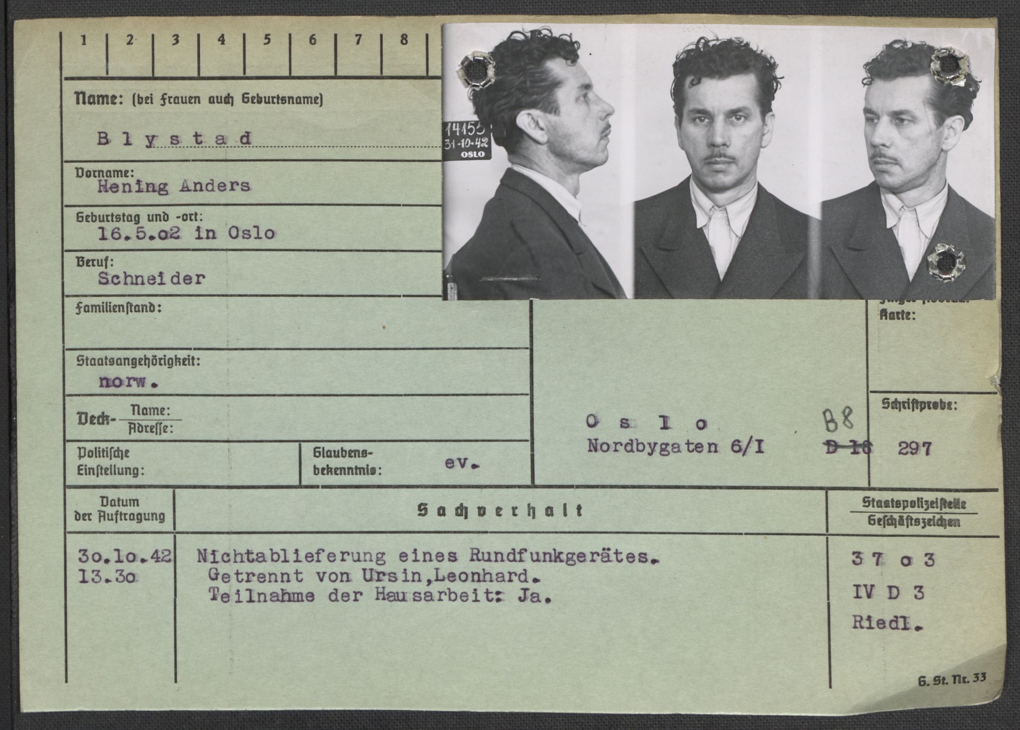 Befehlshaber der Sicherheitspolizei und des SD, AV/RA-RAFA-5969/E/Ea/Eaa/L0002: Register over norske fanger i Møllergata 19: Bj-Eng, 1940-1945, s. 56