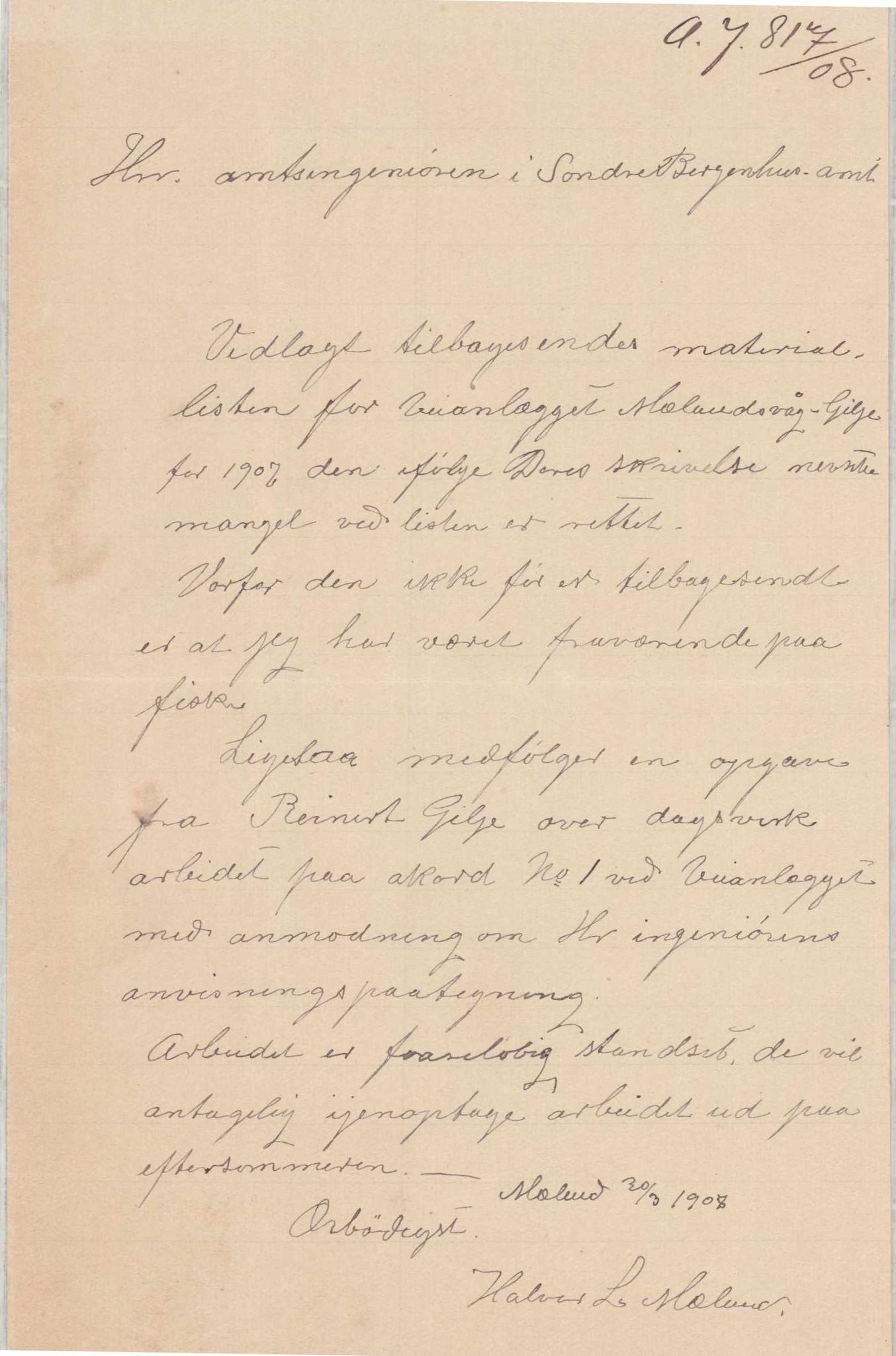 Finnaas kommune. Formannskapet, IKAH/1218a-021/E/Ea/L0001/0005: Rekneskap for veganlegg / Rekneskap for veganlegget Mælandsvåg - Gilje, 1907-1910, s. 15