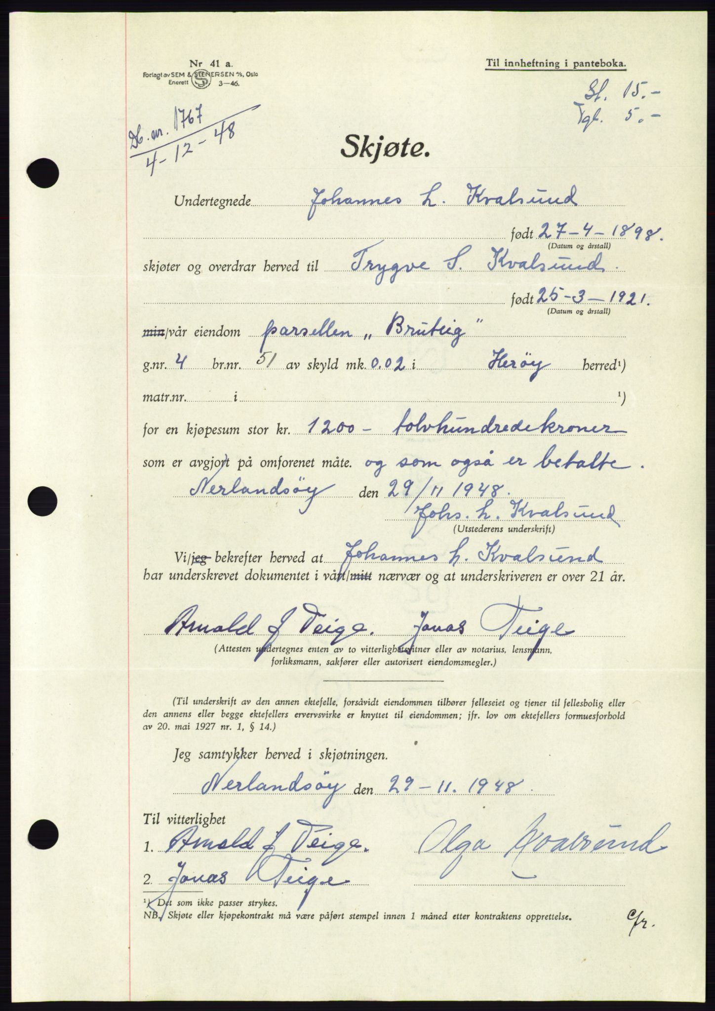 Søre Sunnmøre sorenskriveri, AV/SAT-A-4122/1/2/2C/L0083: Pantebok nr. 9A, 1948-1949, Dagboknr: 1767/1948