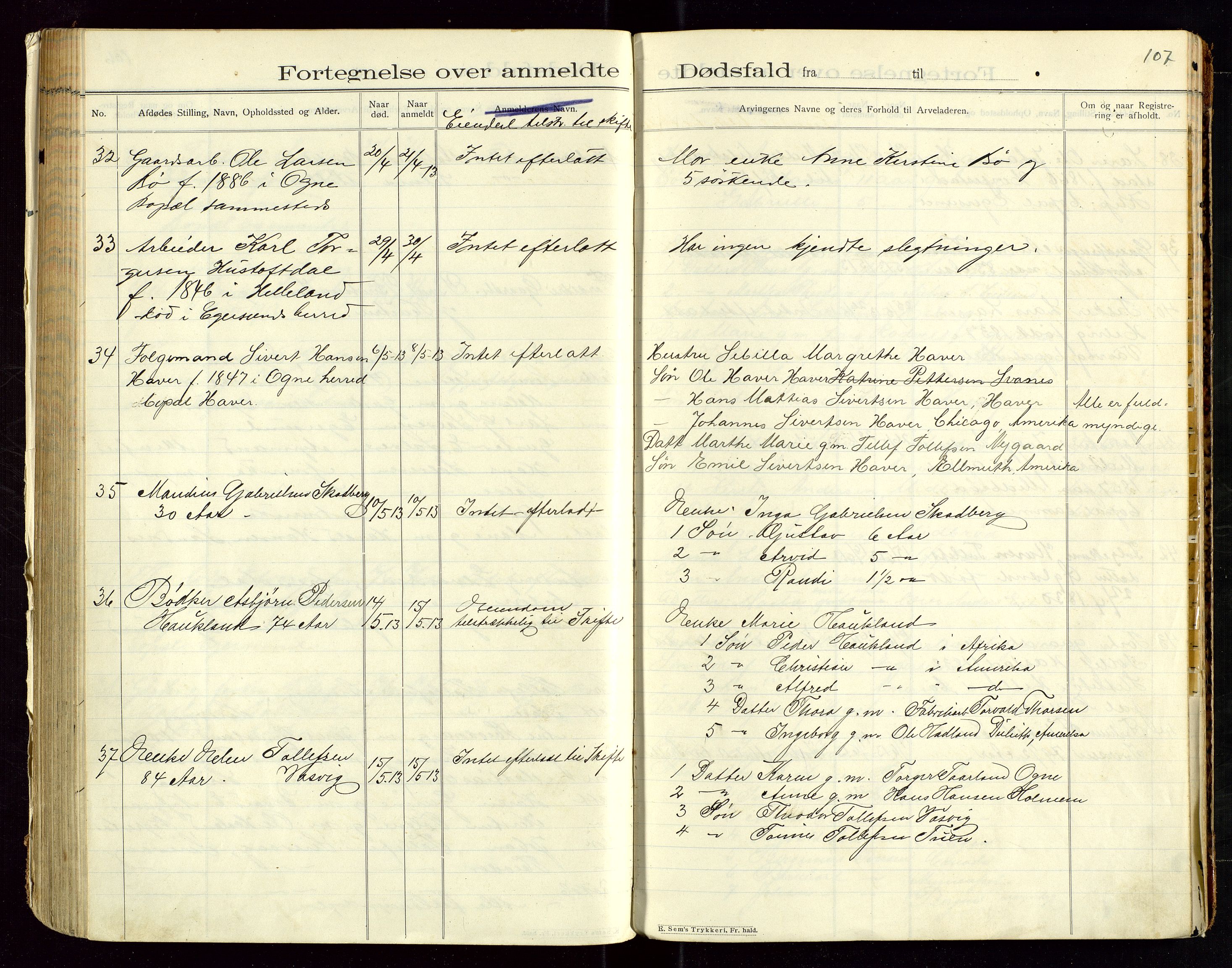 Eigersund lensmannskontor, AV/SAST-A-100171/Gga/L0005: "Dødsfalds-Protokol" m/alfabetisk navneregister, 1905-1913, s. 107